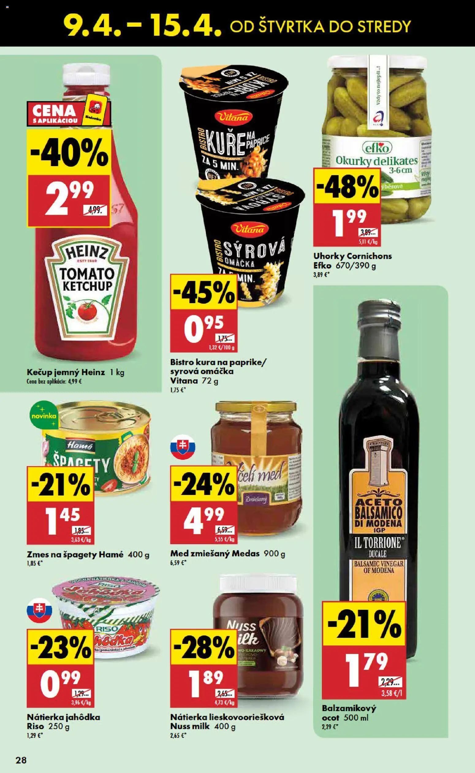 Nové Biedronka akcie – leták je platný od 09.04.2026 | Strana: 28 | Produkty: Omáčka, Uhorky, Ocot, Špagety