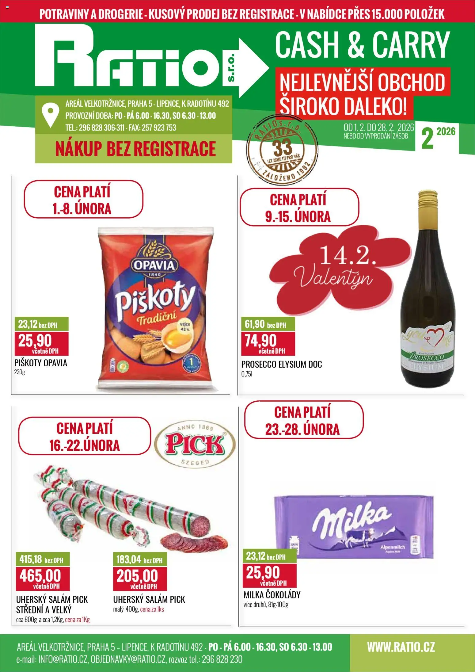 Ratio leták od 01.02.2026 | Strana: 1 | Produkty: Vejce, Milka, Salám, Pick Uherský salám