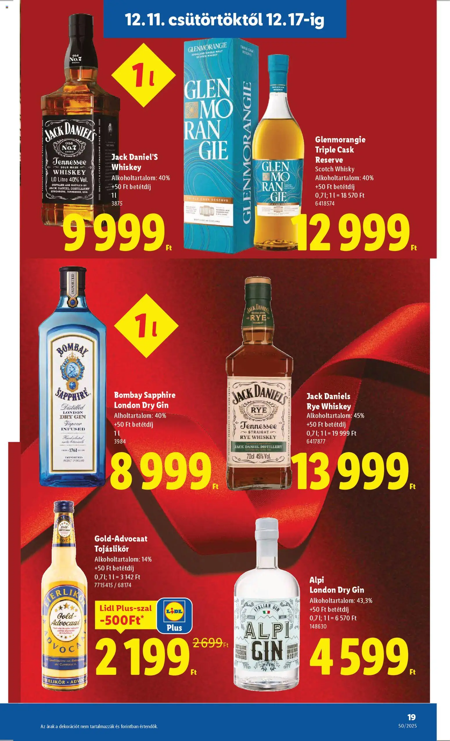 Lidl akciós ujság - amely érvényes a következő dátumtól: 11.12.2025 | Oldal: 19 | Termékek: Whiskey, Tojáslikőr, Gin, Whisky