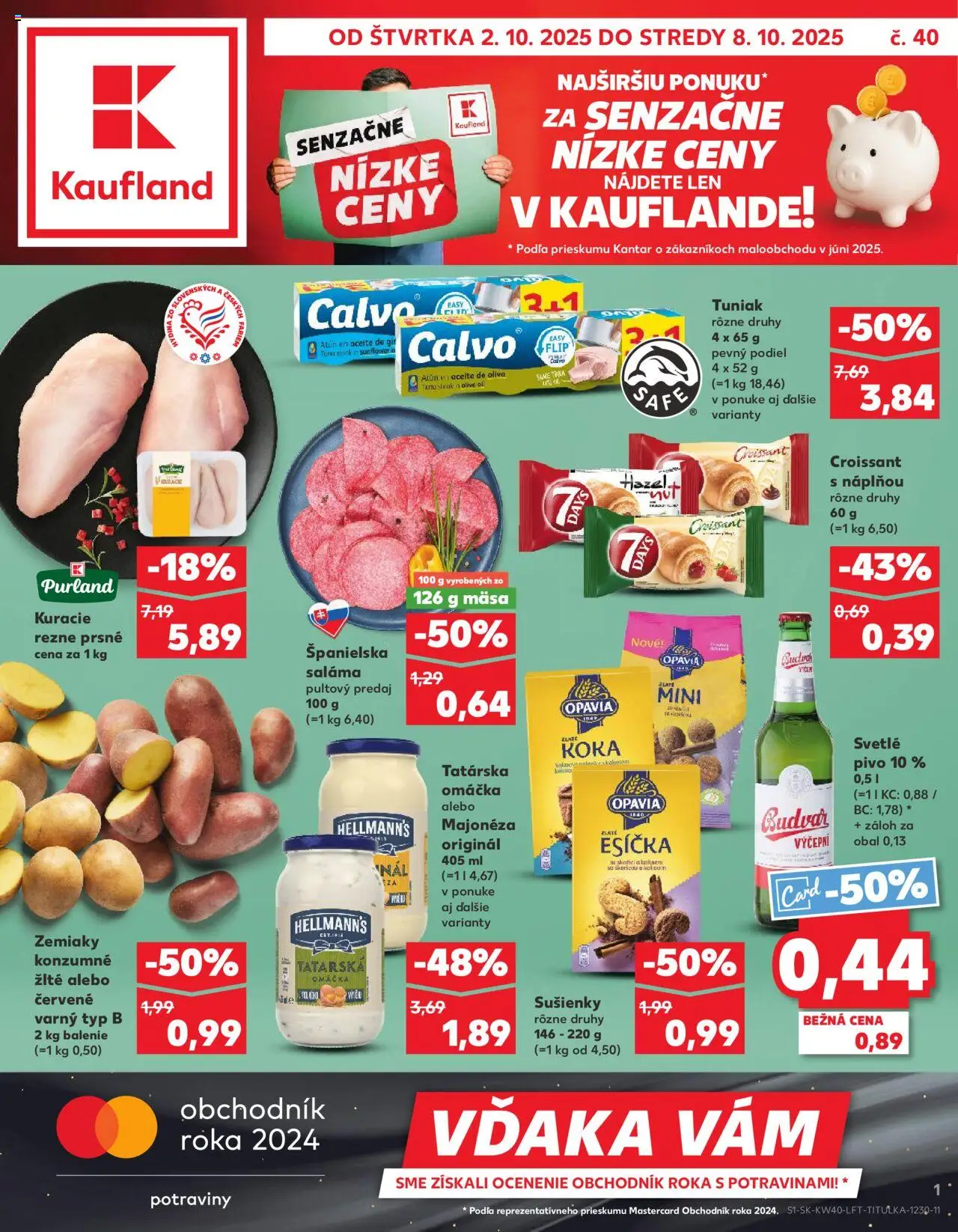 Nové Kaufland akcie – leták je platný od 02.10.2025 | Strana: 1 | Produkty: Tuniak, Saláma, Zemiaky, Omáčka
