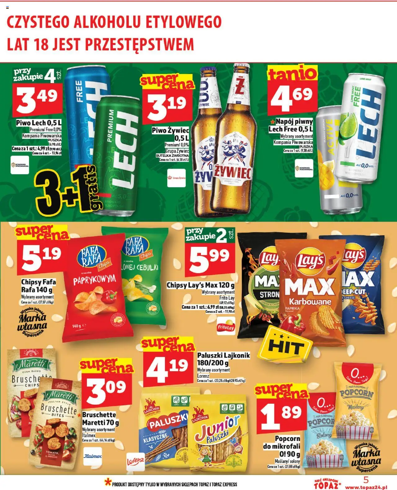 Topaz Gazetka MAZ od 07.08.2025 | Strona: 5 | Produkty: Chipsy, Paluszki, Piwo, Popcorn