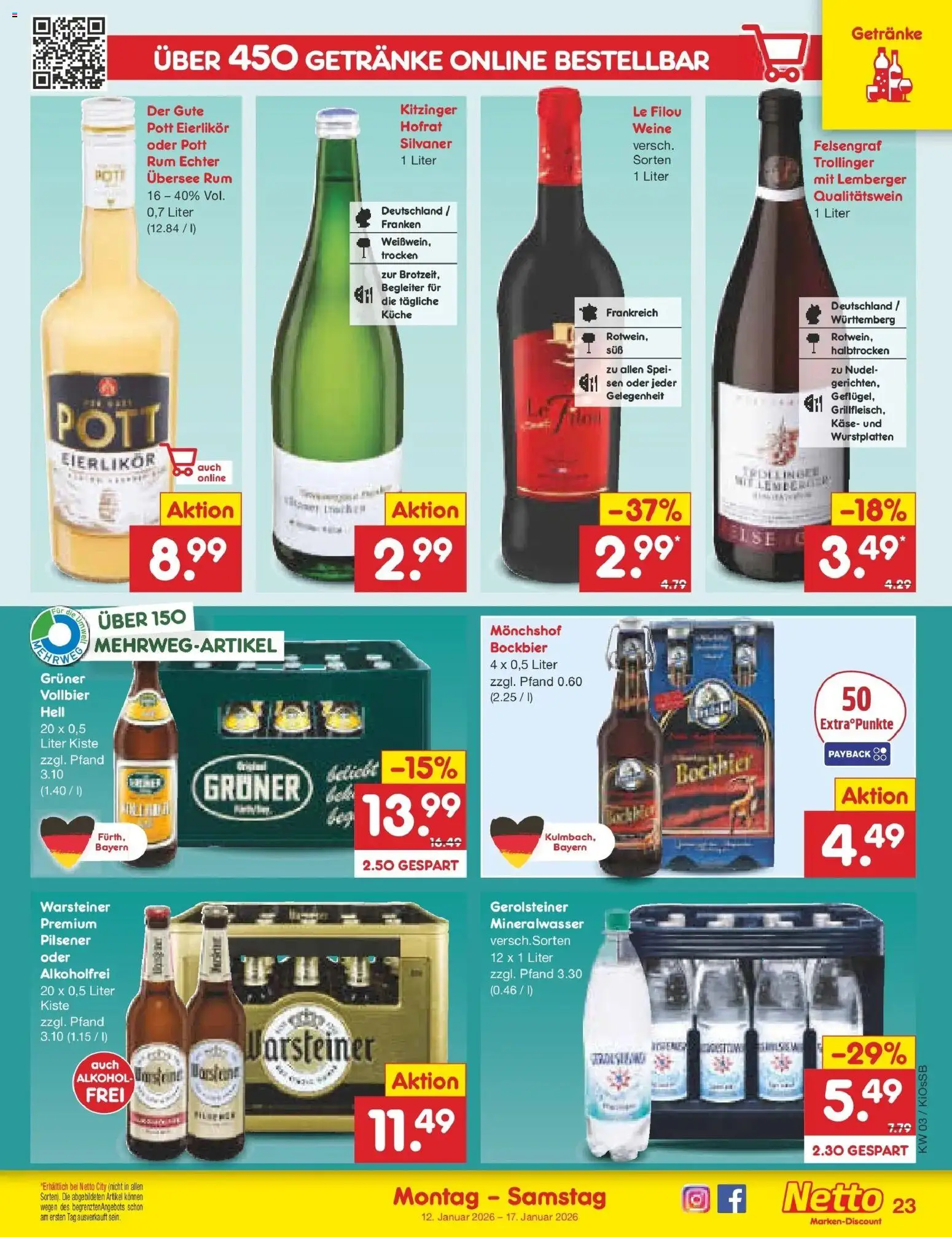 Netto Marken-Discount prospekt Oberhaid	 – gültig ab 12.01.2026 | Seite: 23 | Produkte: Käse, Rum, Mineralwasser, Warsteiner