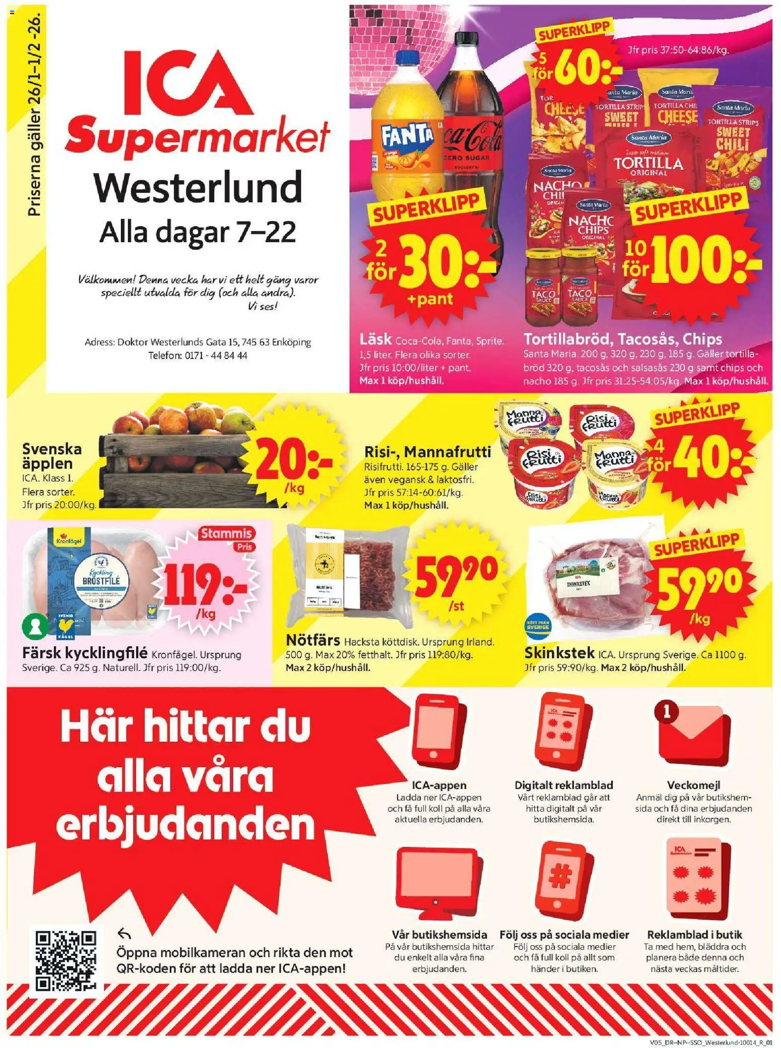 ICA Supermarket reklamblad aktuell från 26.01.2026 | Sida: 1 | Produkter: Tortilla, Nötfärs, Chips, Fanta