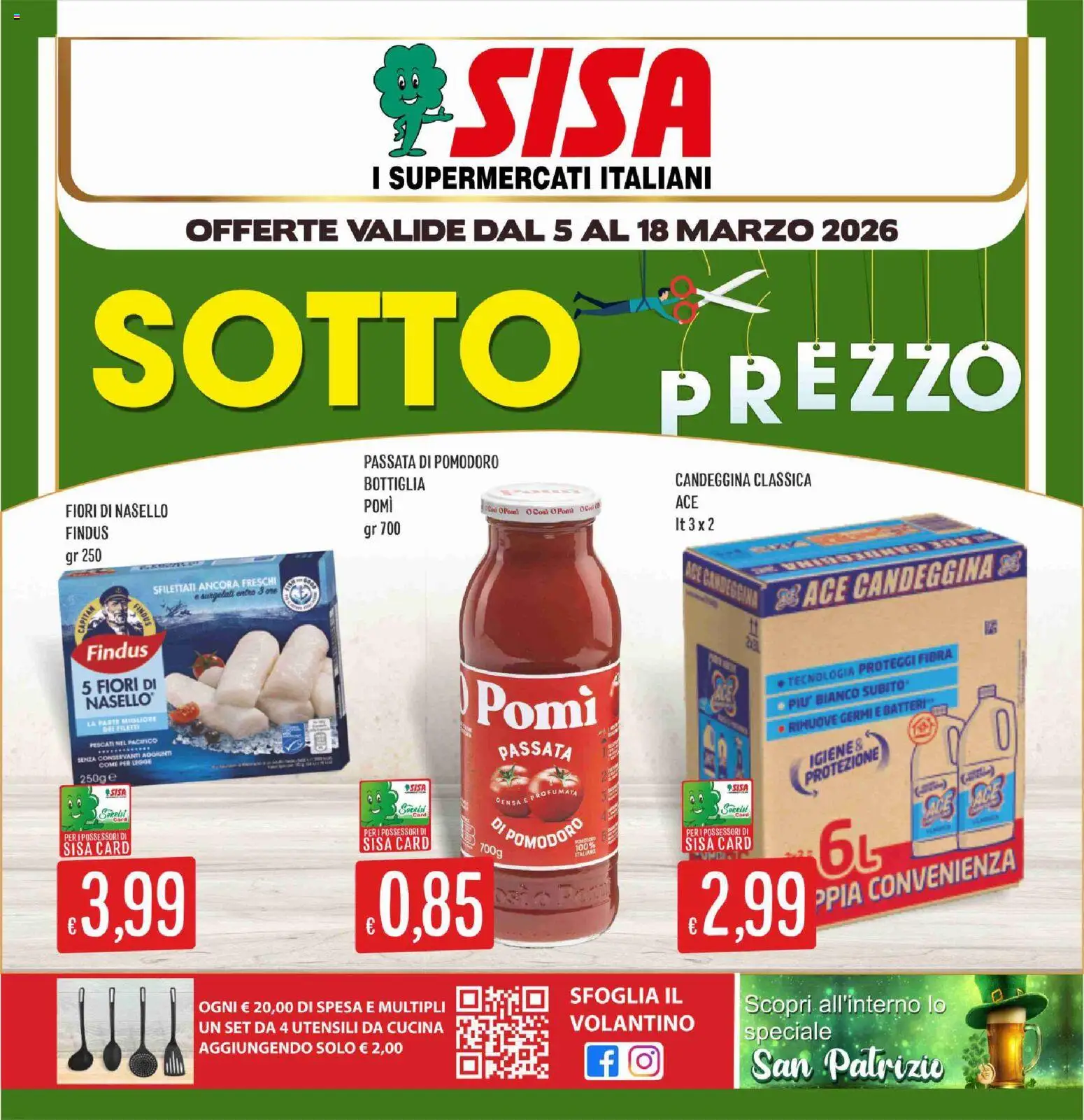 Volantino SISA del 05.03.2026 | Pagina: 1 | Prodotti: Candeggina, Passata di pomodoro, Nasello, Bottiglia