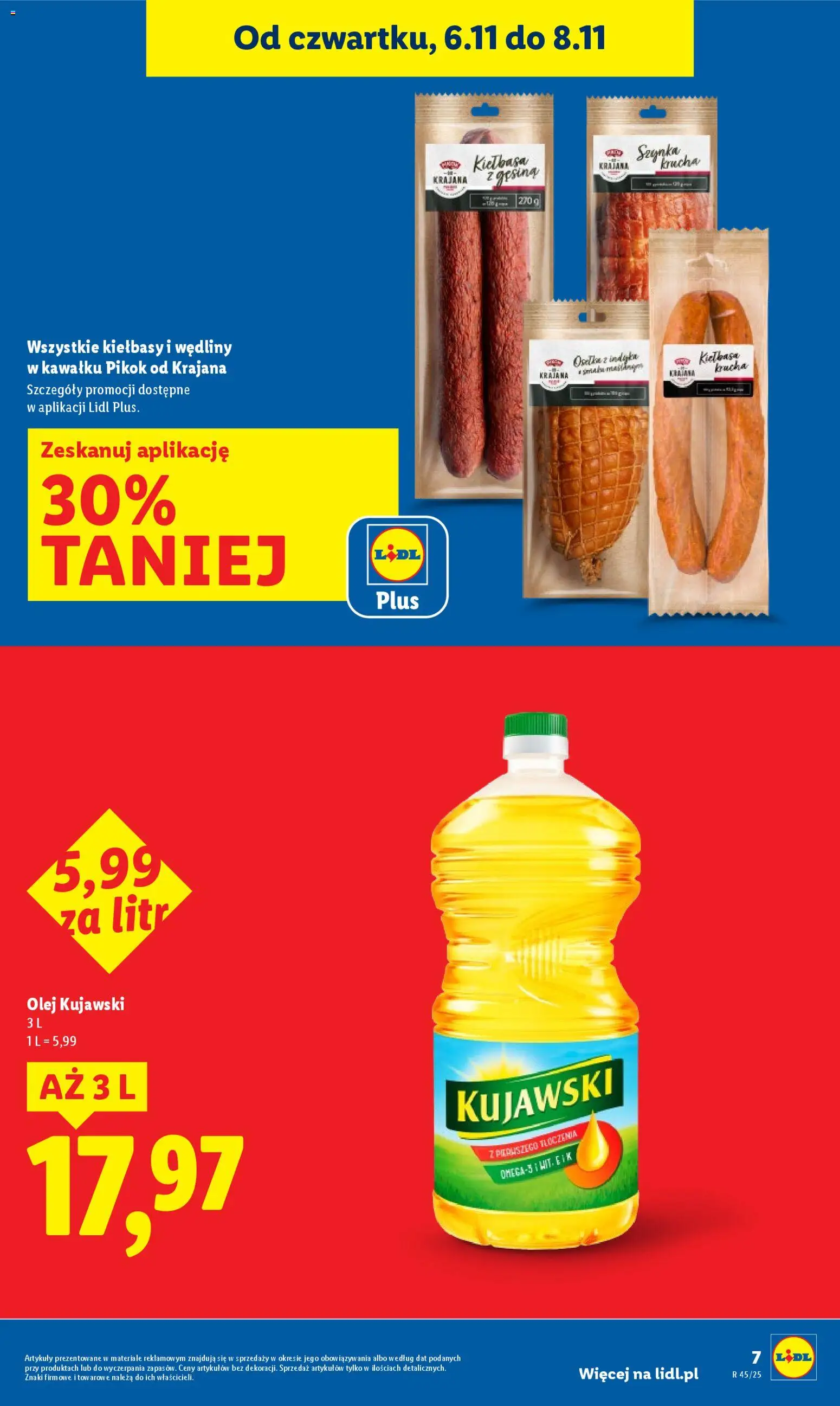 Lidl Gazetka od 06.11.2025 | Strona: 7 | Produkty: Kiełbasa, Olej kujawski, Olej, Wędliny