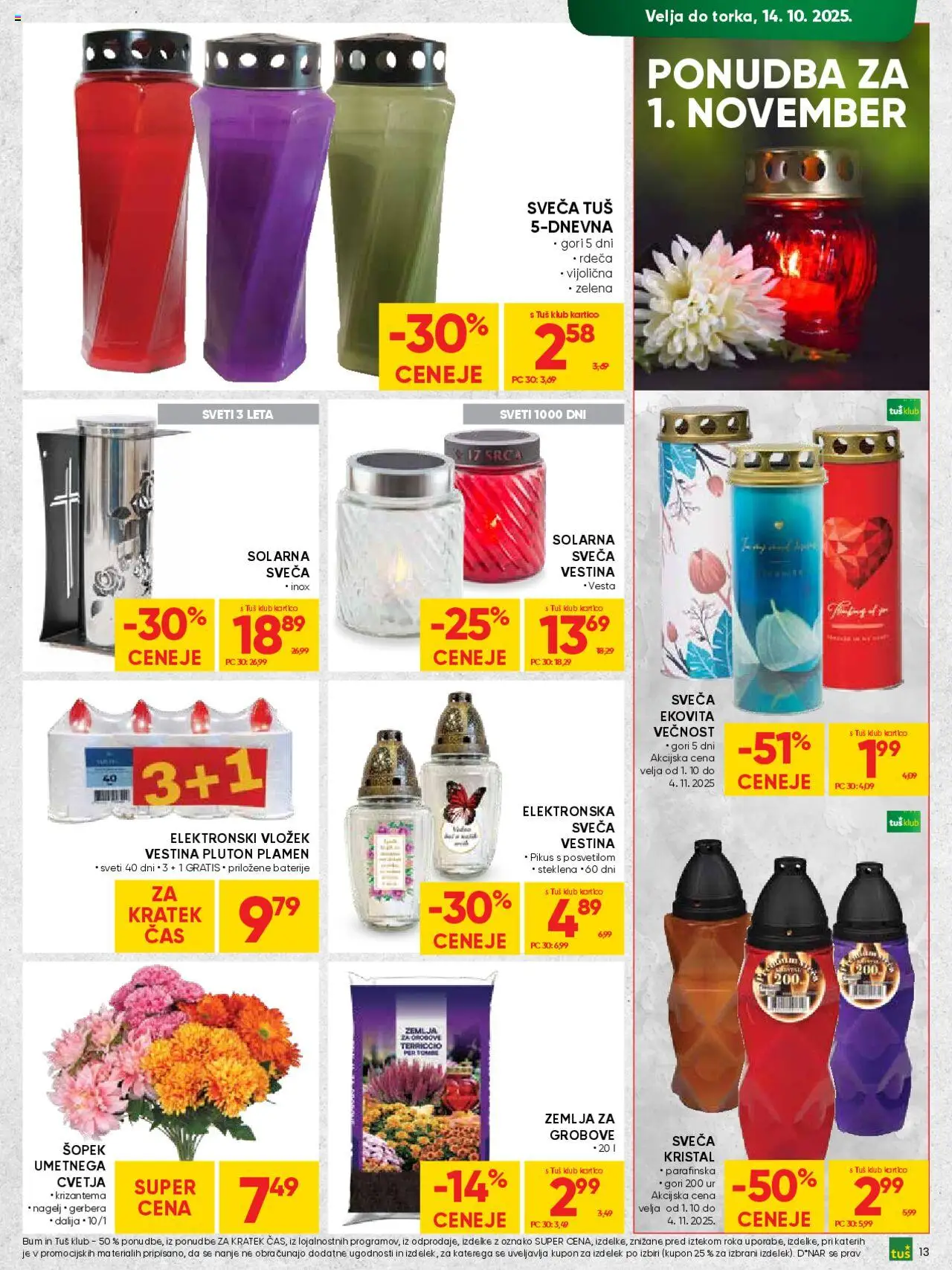 Novi Tuš katalog ponudbe – veljaven od 01.10.2025 | Stran: 13 | Izdelki: Sveča, Šopek, Baterije, Zelena