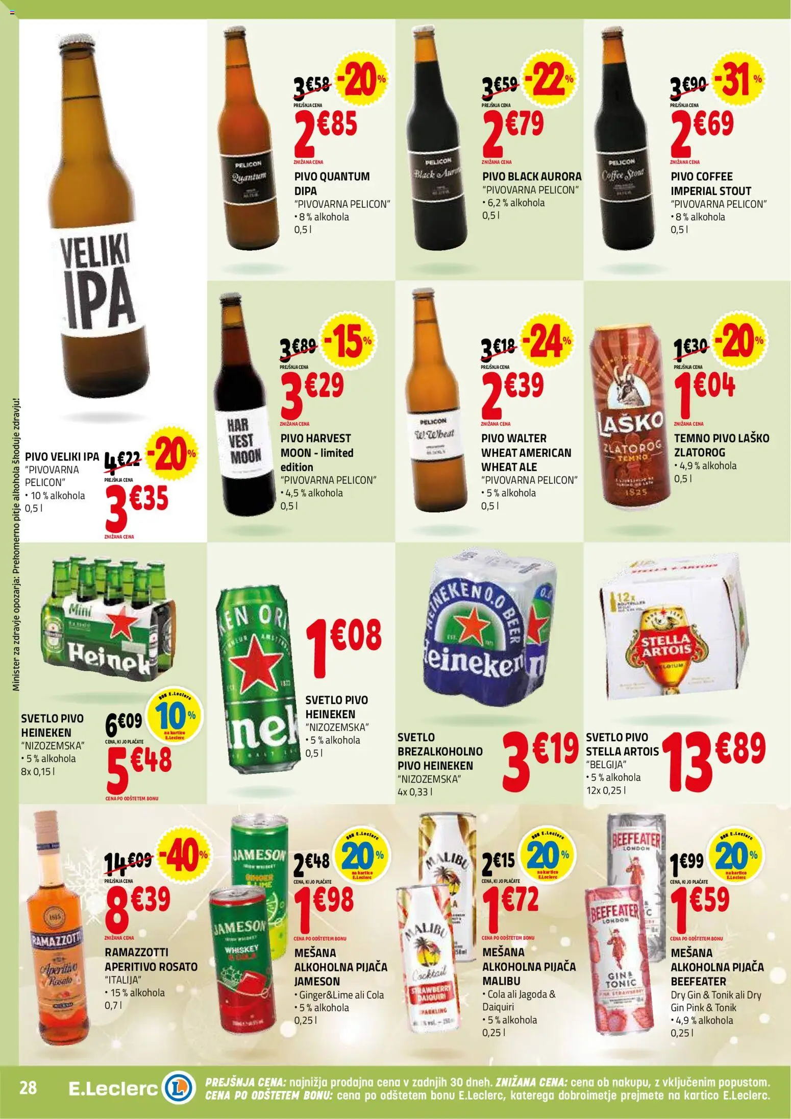 Novi E.leclerc katalog ponudbe – veljaven od 26.11.2025 | Stran: 28 | Izdelki: Falafel, Pivo, Tonik, Gin