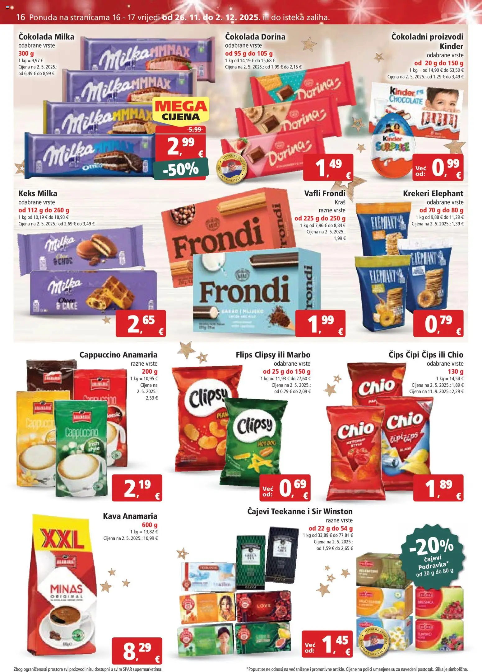 Spar katalog | vrijedi od 26.11.2025 | Stranica: 16 | Proizvodi: Čokolada, Čips, Keks, Vafli