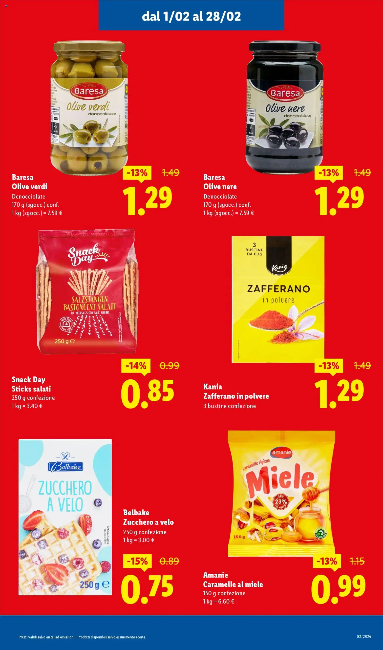 Volantino Lidl del 01.02.2026 | Pagina: 7 | Prodotti: Caramelle, Zucchero, Olive, Miele