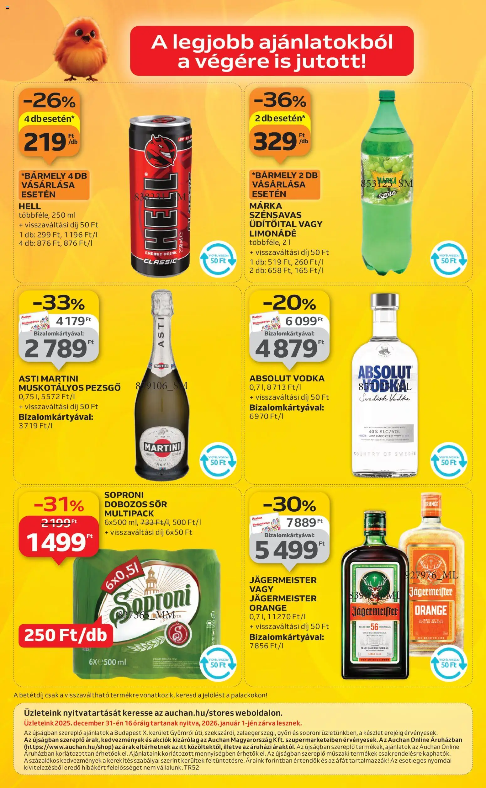 Auchan akciós ujság - amely érvényes a következő dátumtól: 27.12.2025 | Oldal: 12 | Termékek: Jägermeister, Absolut vodka, Pezsgő, Sör
