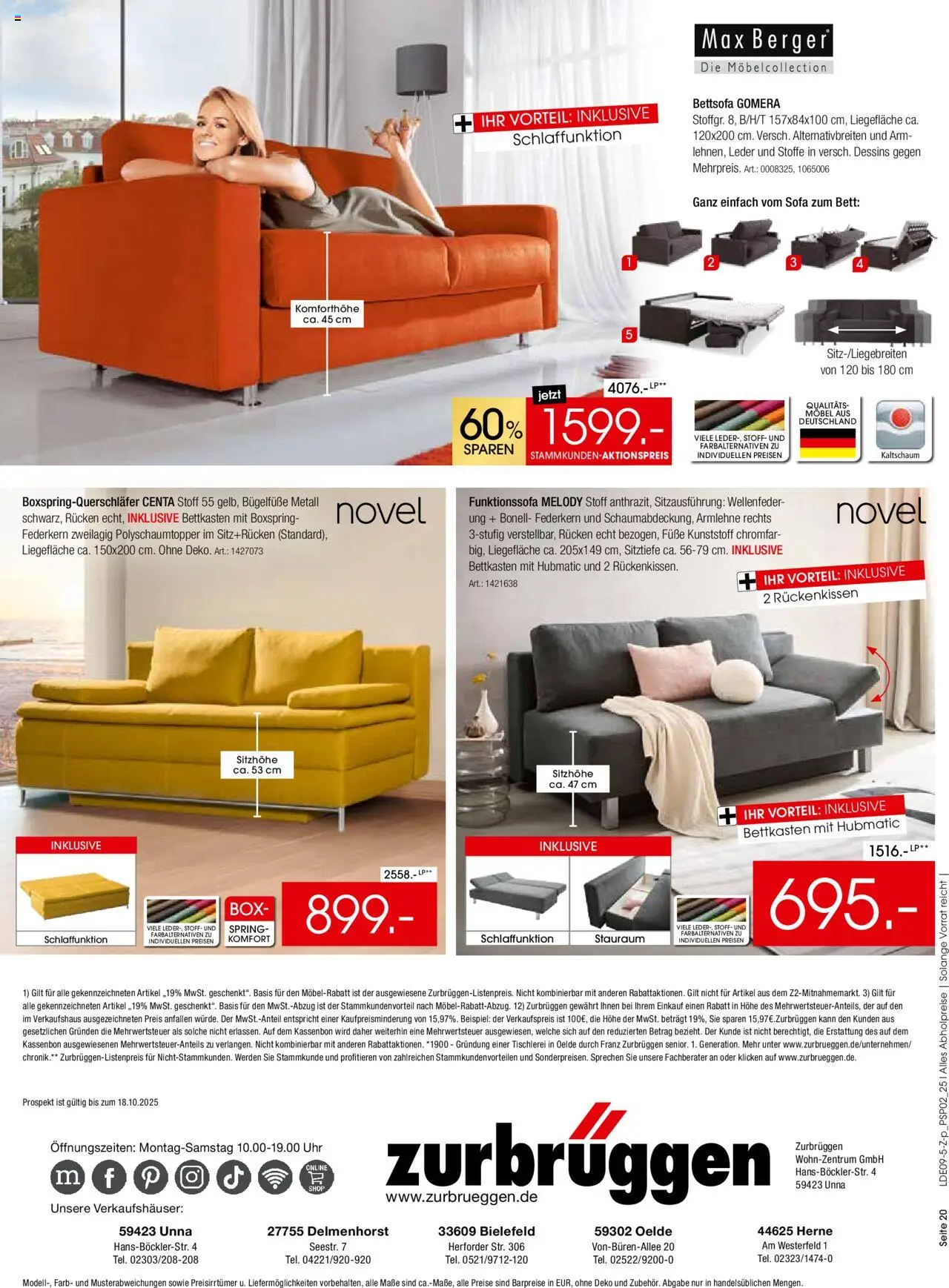 Zurbrüggen Polstermöbel-Spezial – gültig ab 20.09.2025 | Seite: 20 | Produkte: Bett, Sofa, Box, Uhr