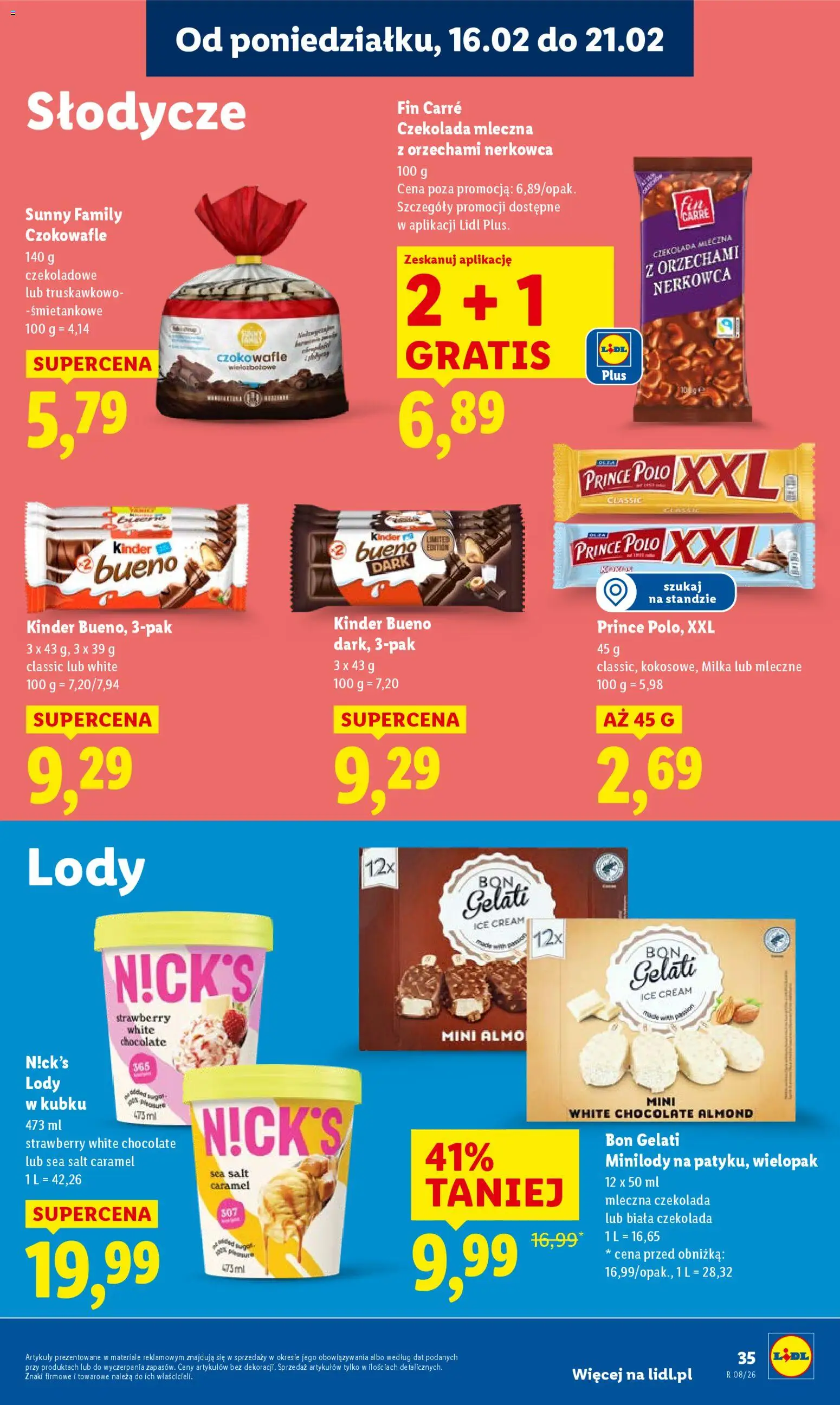 Lidl Gazetka od 16.02.2026 | Strona: 35 | Produkty: Prince polo xxl, Kinder Bueno, Czekolada, Lody