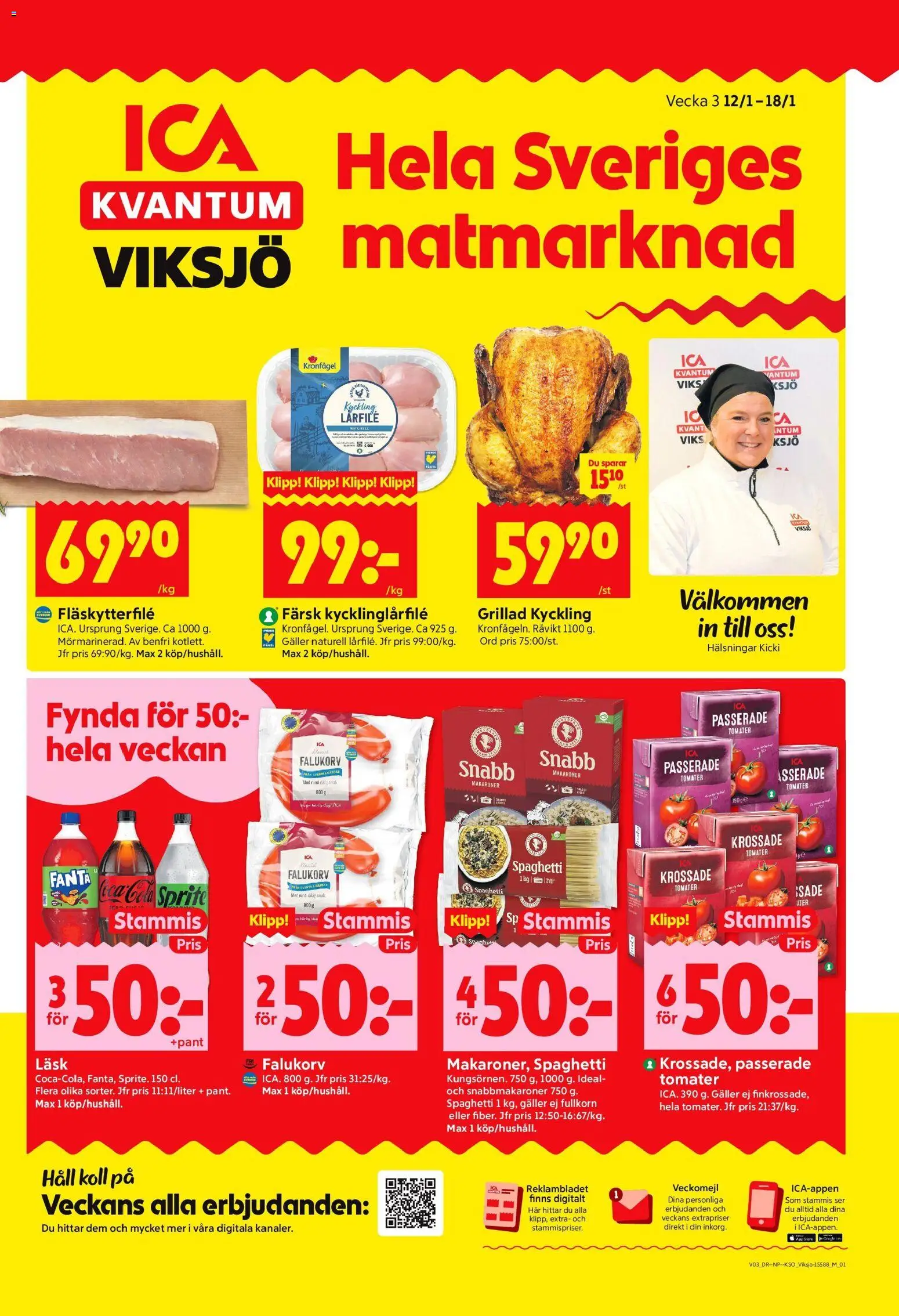 ICA Kvantum reklamblad aktuell från 12.01.2026 | Sida: 1 | Produkter: Krossade tomater, Sprite, Spaghetti, Häll