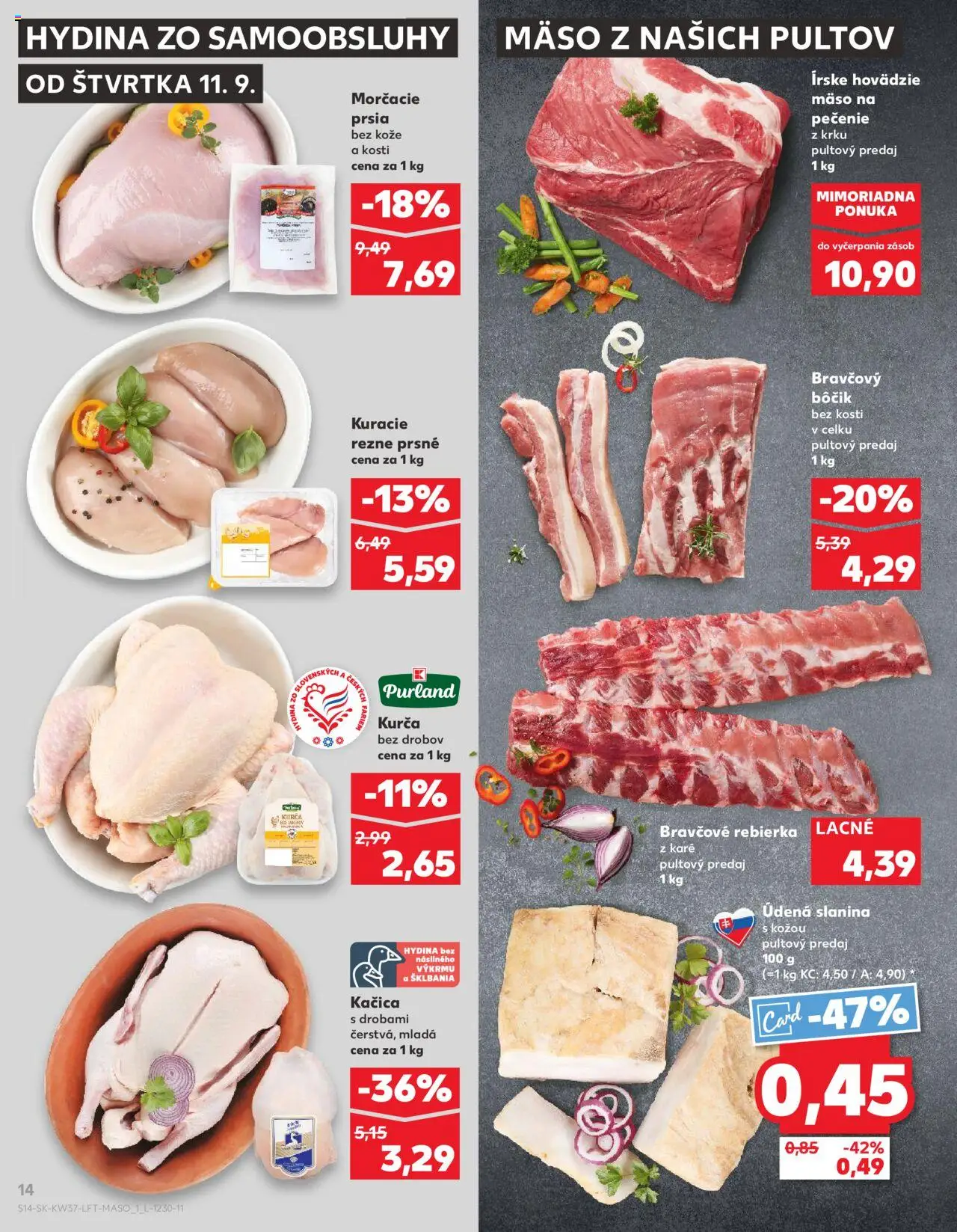 Nové Kaufland akcie – leták je platný od 11.09.2025 | Strana: 14 | Produkty: Slanina, Hovädzie mäso, Kačica, Kuracie rezne