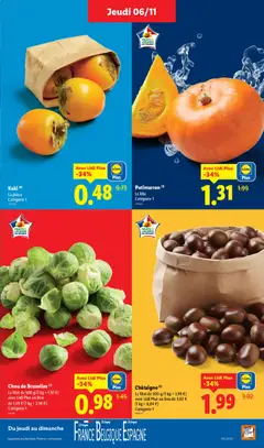 LIDL - Prévisualisation de Chou de Bruxelles (1), Le filet de 500 g (1 kg = 1,97 €) avec Lidl Plus au lieu de 1,49 € (1 kg = 2,98 €) Catégorie 1 valide à partir de 06.11.2025 | Page: 3 | Produits: Chou de Bruxelles, Kaki