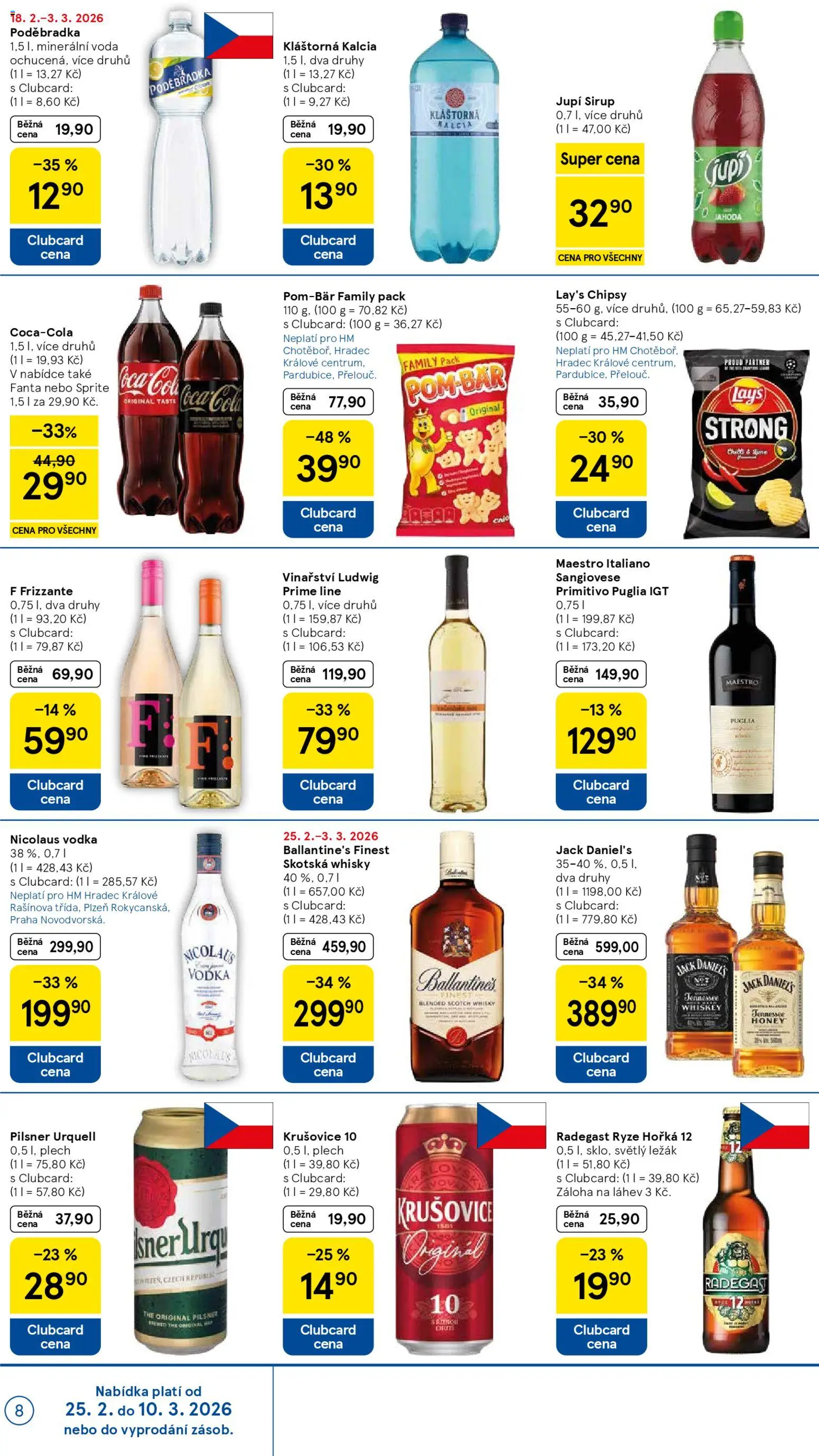Tesco leták - Hypermarket od 25.02.2026 | Strana: 8 | Produkty: Whiskey, Frizzante, Poděbradka, Pilsner