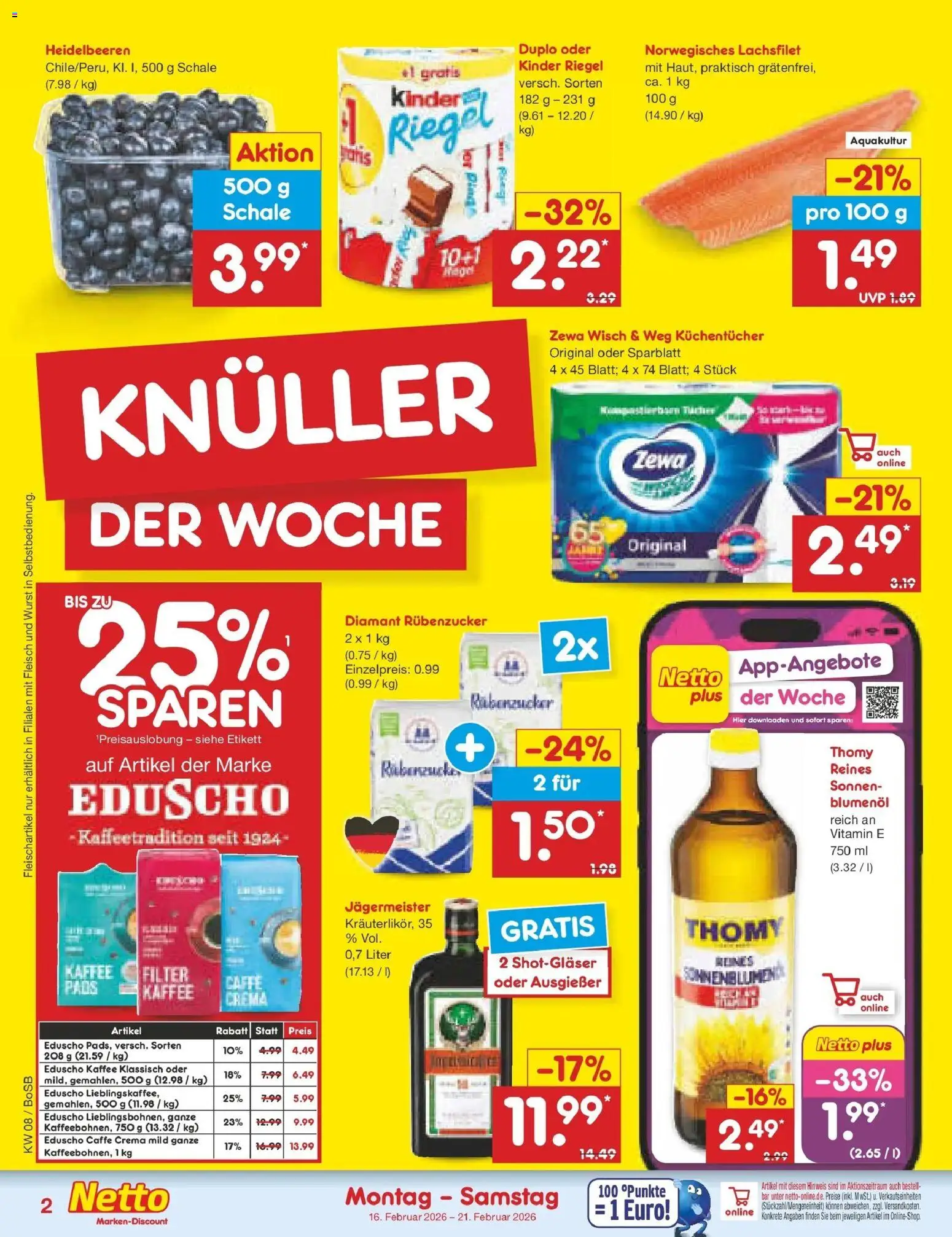 Netto Marken-Discount prospekt Stadtlohn	 – gültig ab 16.02.2026 | Seite: 2 | Produkte: Kaffee, Kinder riegel, Jägermeister, Eduscho