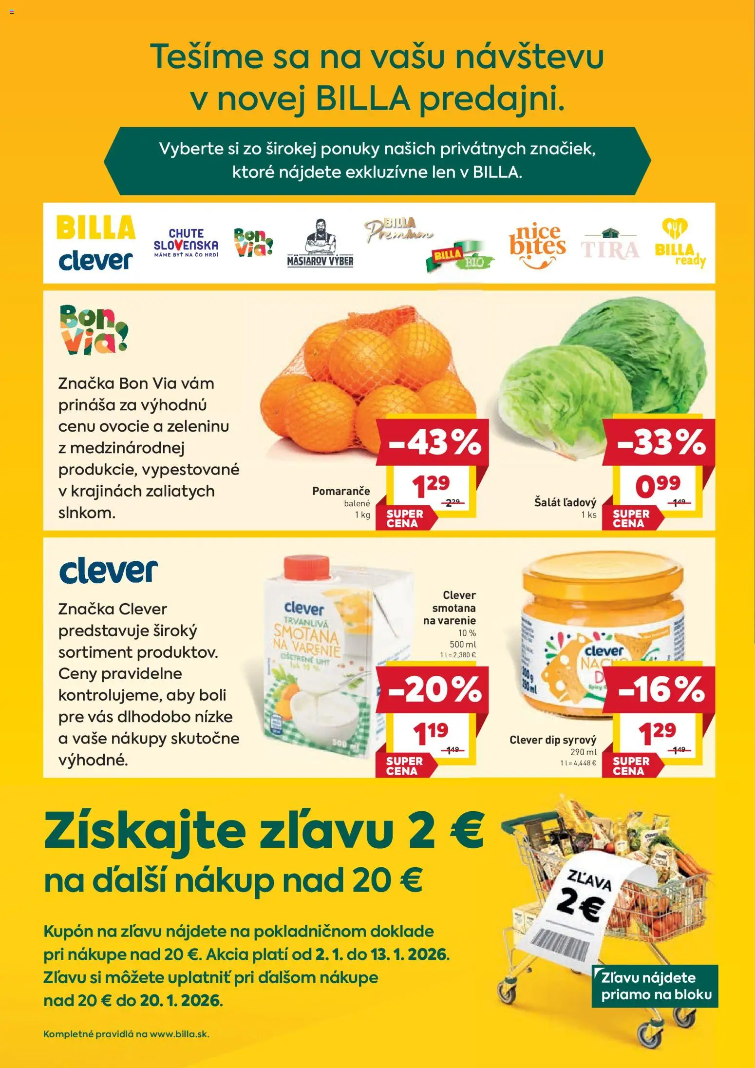 Nové Billa akcie – leták je platný od 07.01.2026 | Strana: 2 | Produkty: Pomaranče, Smotana, Šalát, Ovocie