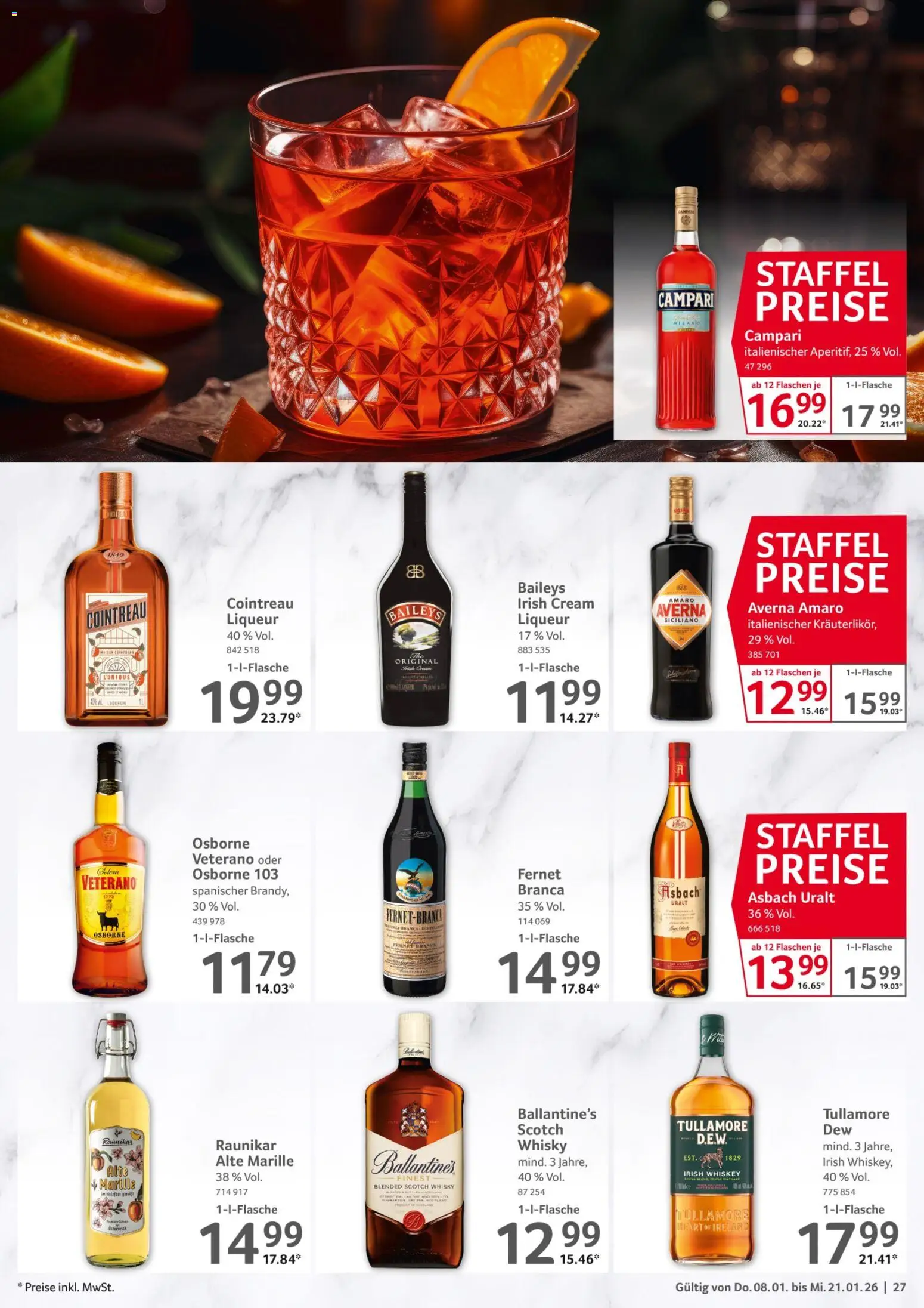 Selgros Gastronomie – gültig ab 08.01.2026 | Seite: 27 | Produkte: Whisky, Campari, Baileys, Asbach