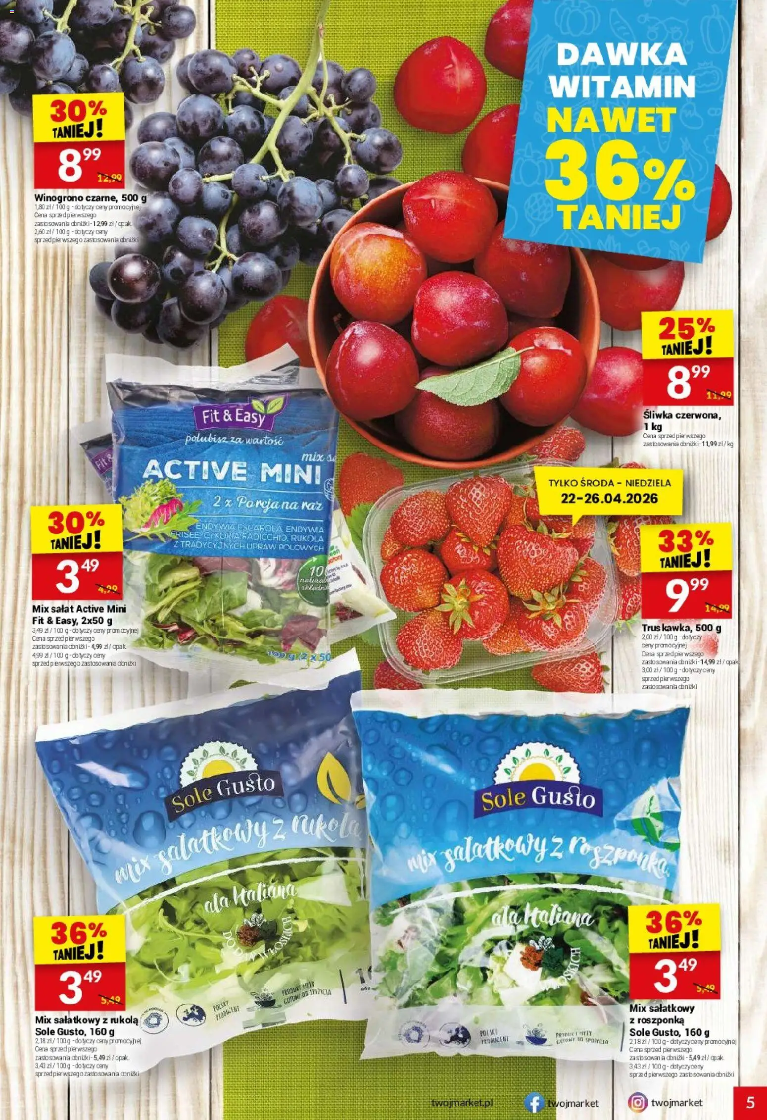 Twój Market gazetka od 22.04.2026 | Strona: 5 | Produkty: Winogrono, Rukola, Roszponka, Mix sałat
