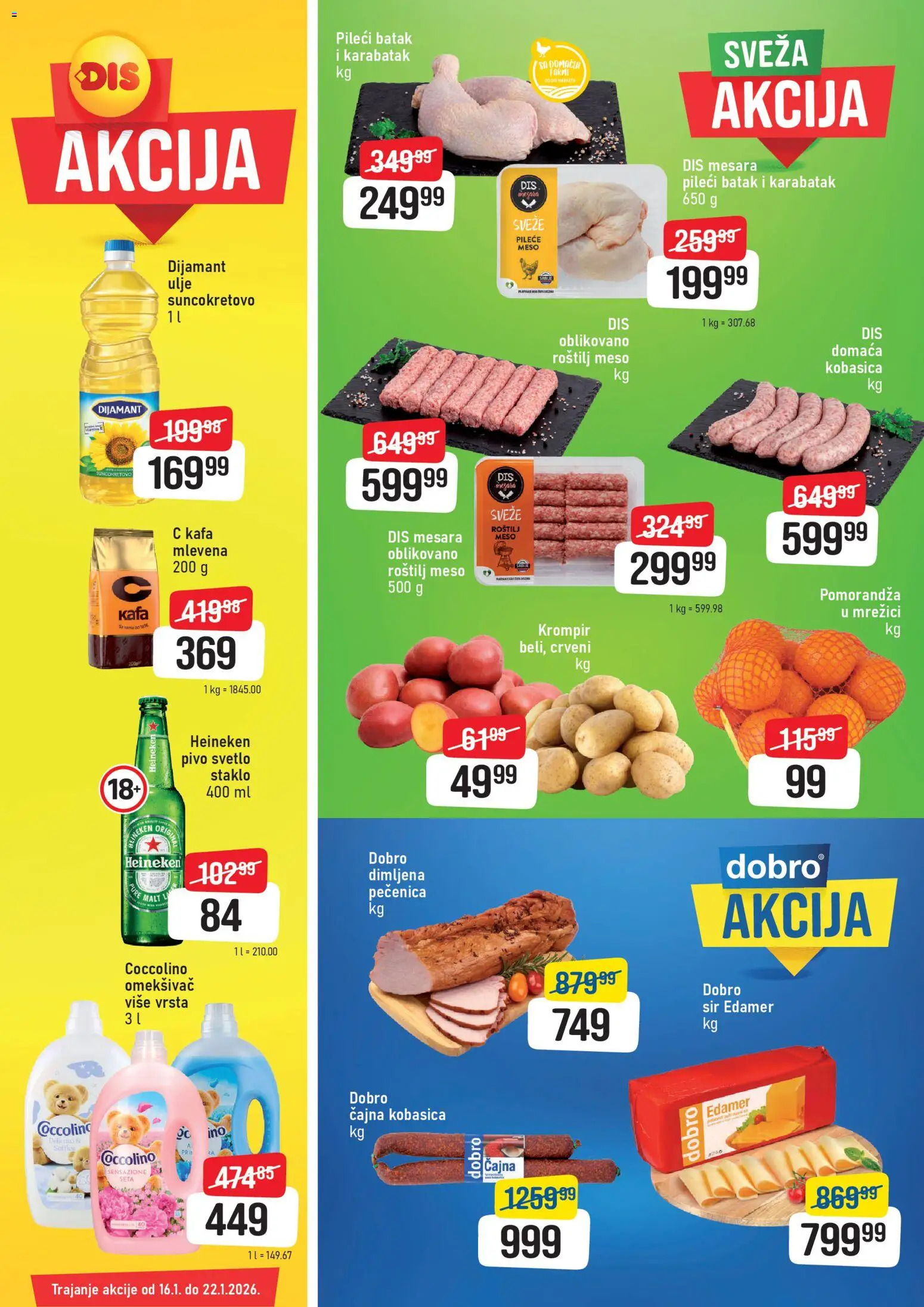 DIS katalog - važi od 16.01.2026 | Strana: 1 | Proizvode: Heineken, Krompir, Pivo, Coccolino