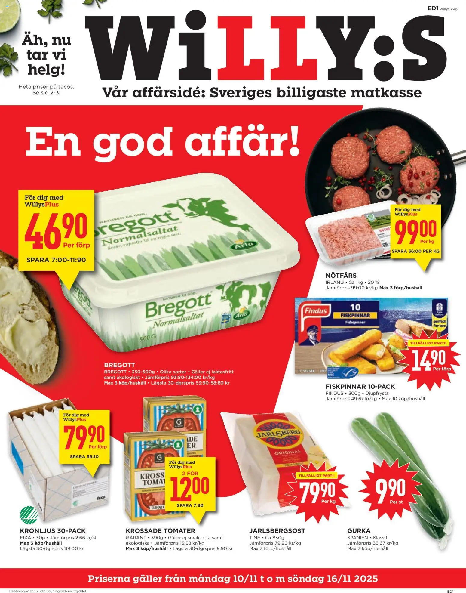 Willys reklamblad aktuell från 10.11.2025 | Sida: 1 | Produkter: Krossade tomater, Nötfärs, Galler, Bregott