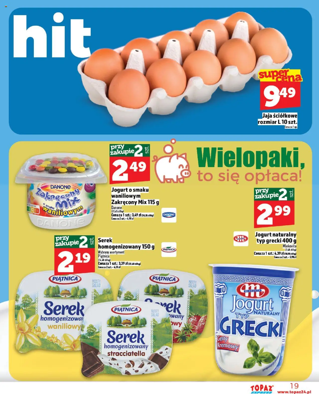 Topaz Gazetka - Express od 14.08.2025 | Strona: 19 | Produkty: Serek, Jogurt naturalny, Jogurt, Jaja