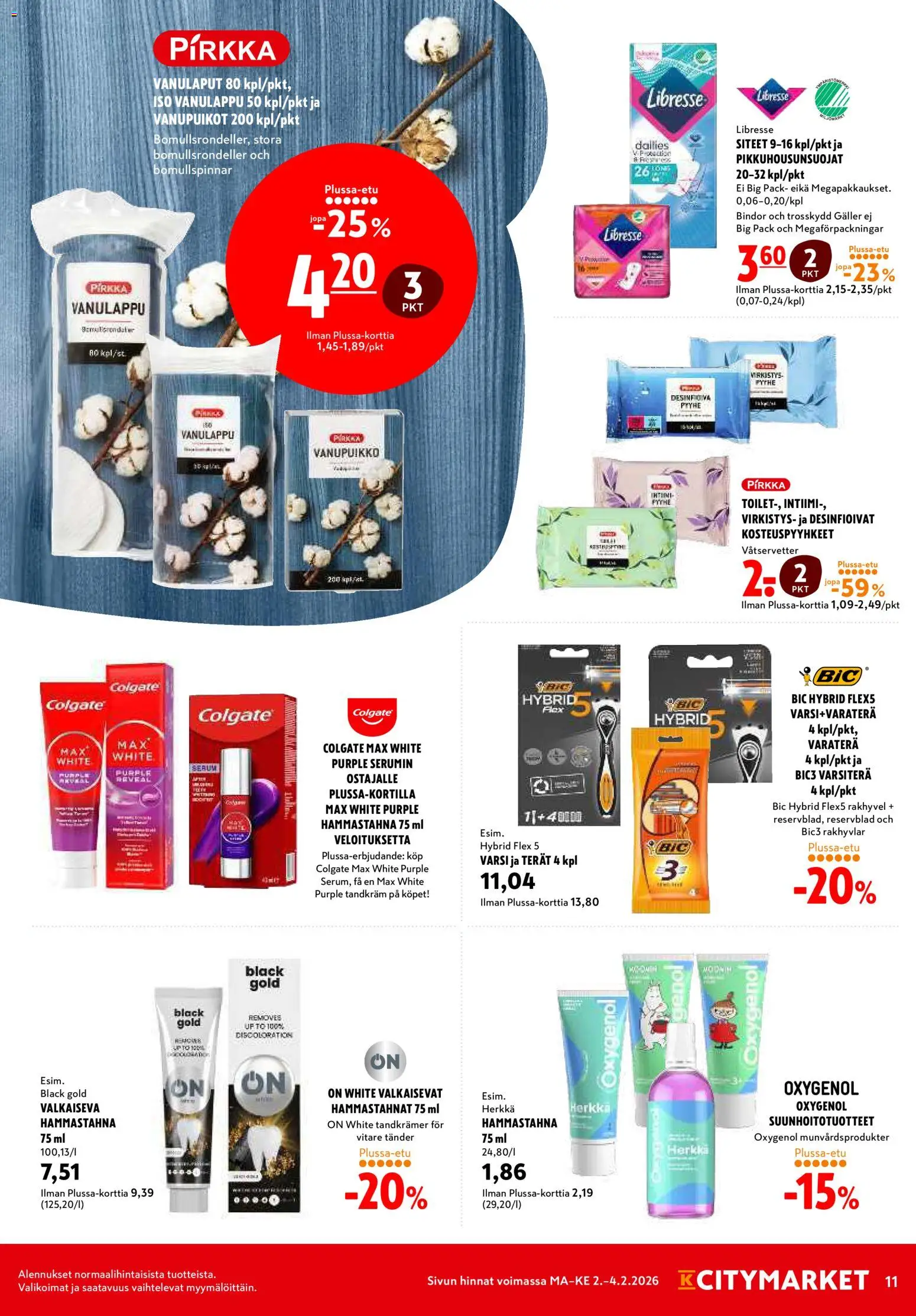 K-Citymarket tarjoukset – voimassa 02.02.2026 alkaen | Sivu: 11 | Tuotteet: Hammastahna, Siteet, Kosteuspyyhkeet
