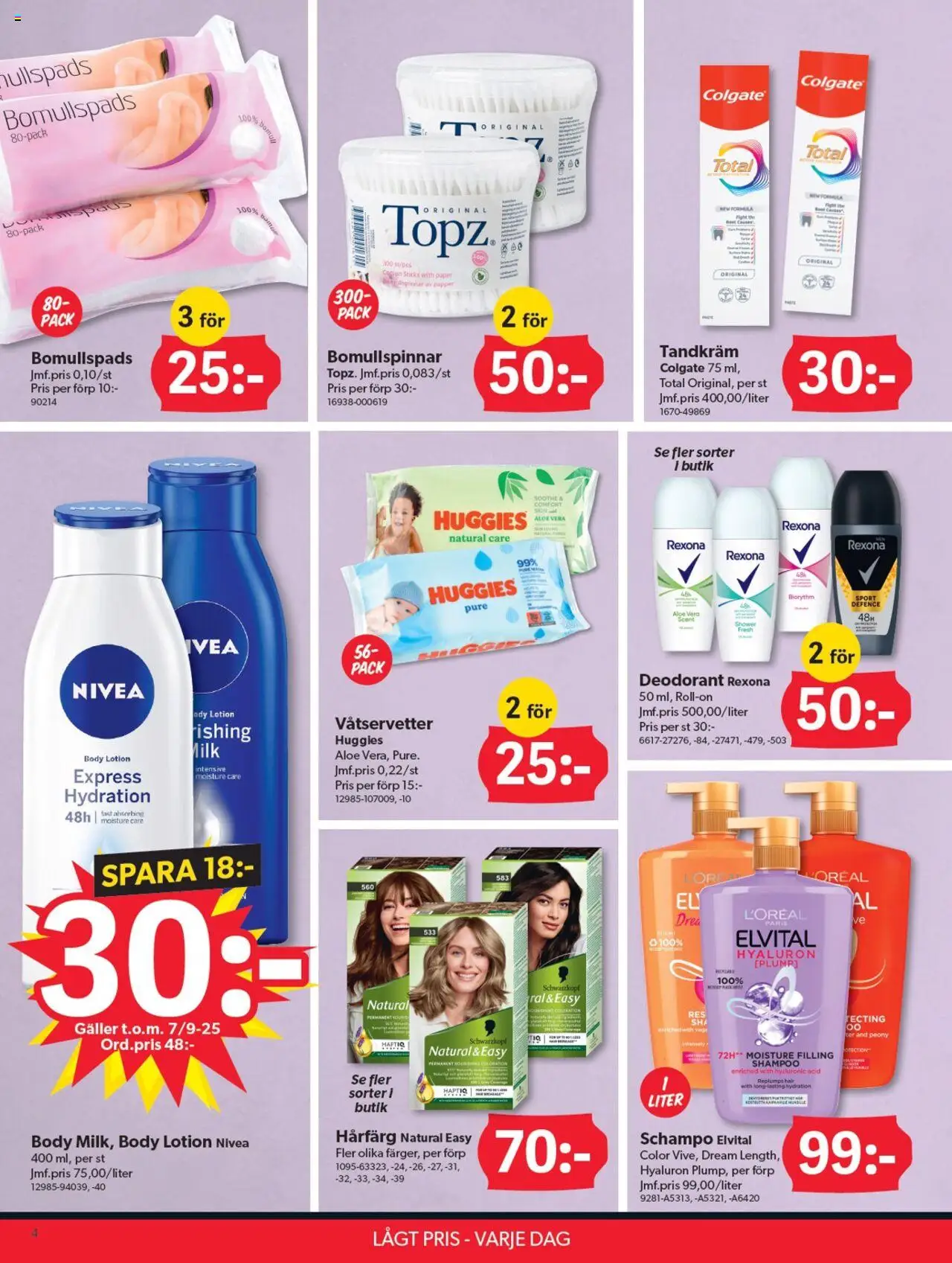 Dollar Store reklamblad aktuell från 25.08.2025 | Sida: 4 | Produkter: Schampo, Deodorant, Tandkräm, Papper