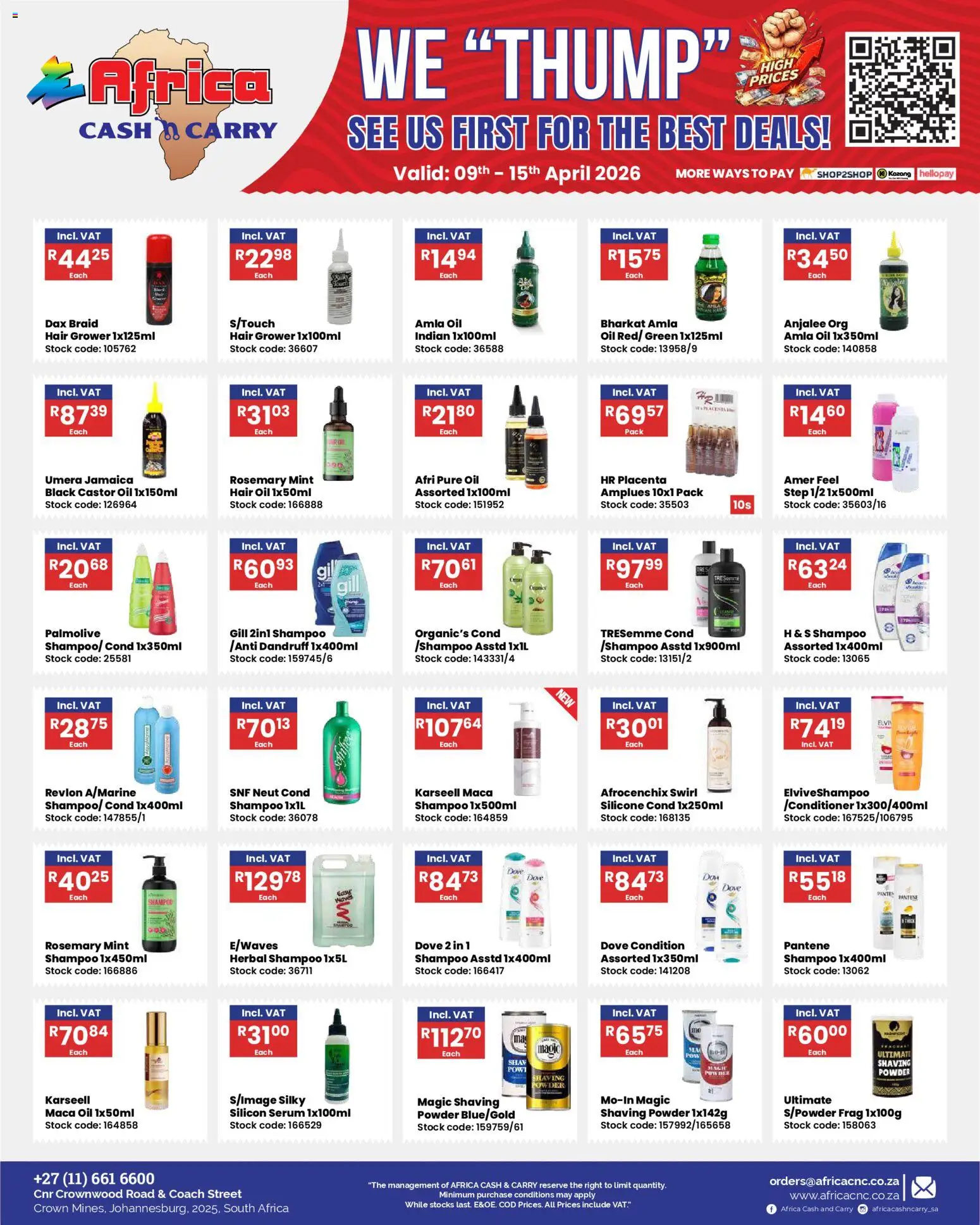 New Africa Cash & Carry catalogue – valid from 09.04.2026 | Page: 2 | Products: Powder, Shampoo, Hair oil, Silicone