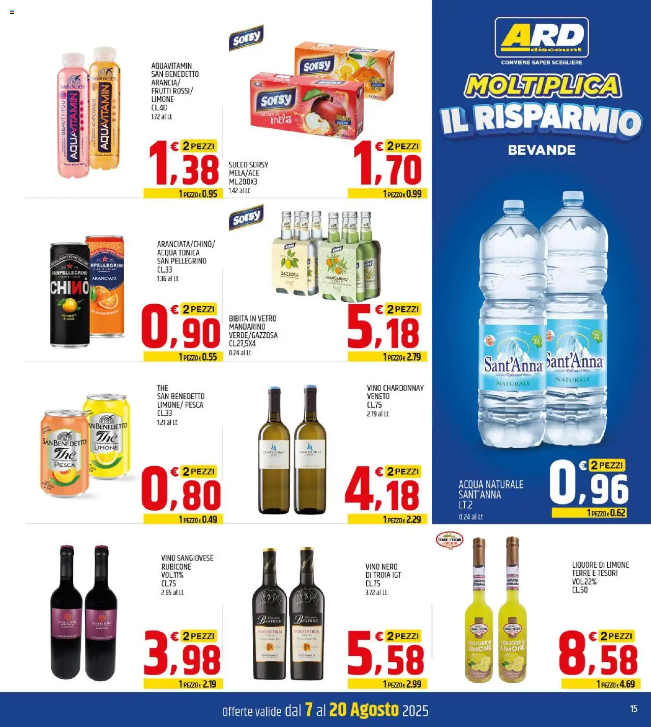 Volantino ARD Discount del 07.08.2025 | Pagina: 15 | Prodotti: Acqua, Vino, Pesca, Bibita