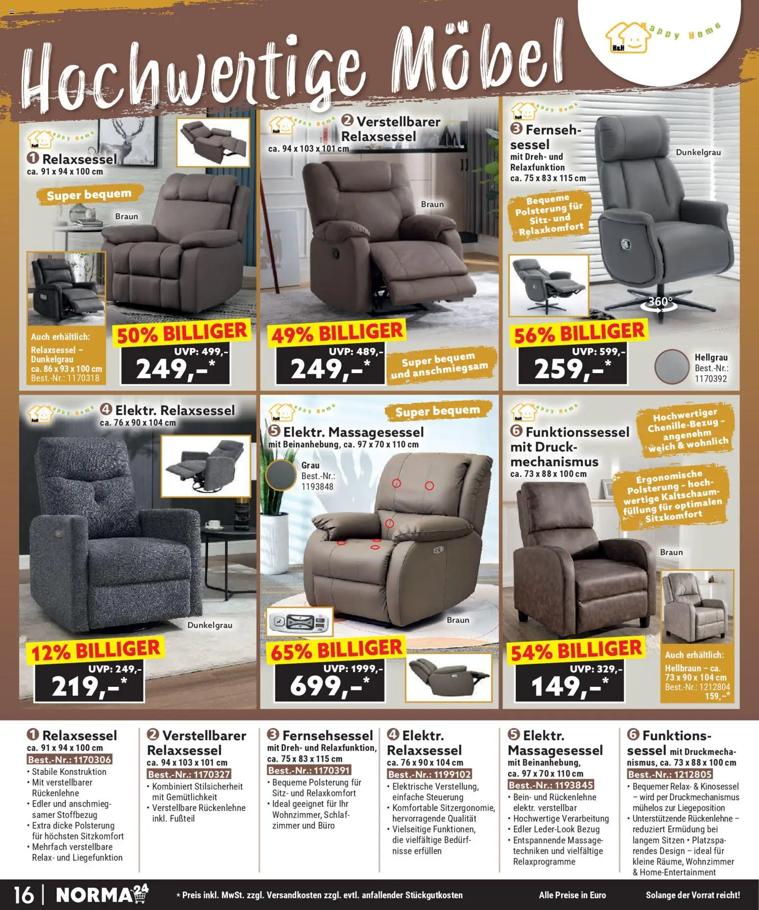 Norma Bestellmagazin Januar 2026 – gültig ab 01.01.2026 | Seite: 16 | Produkte: Relaxsessel, Fernsehsessel, Sessel