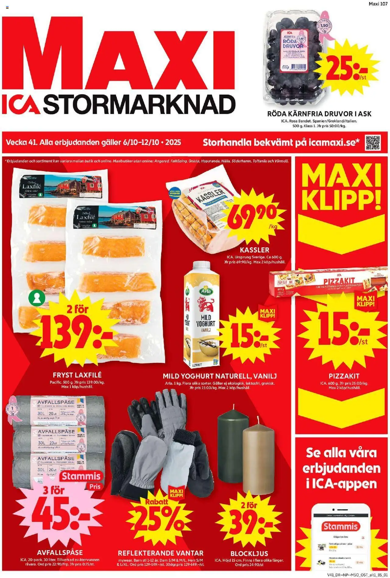 ICA Maxi reklamblad aktuell från 06.10.2025 | Sida: 1 | Produkter: Galler, Vantar, Pizzakit, Tomatsås