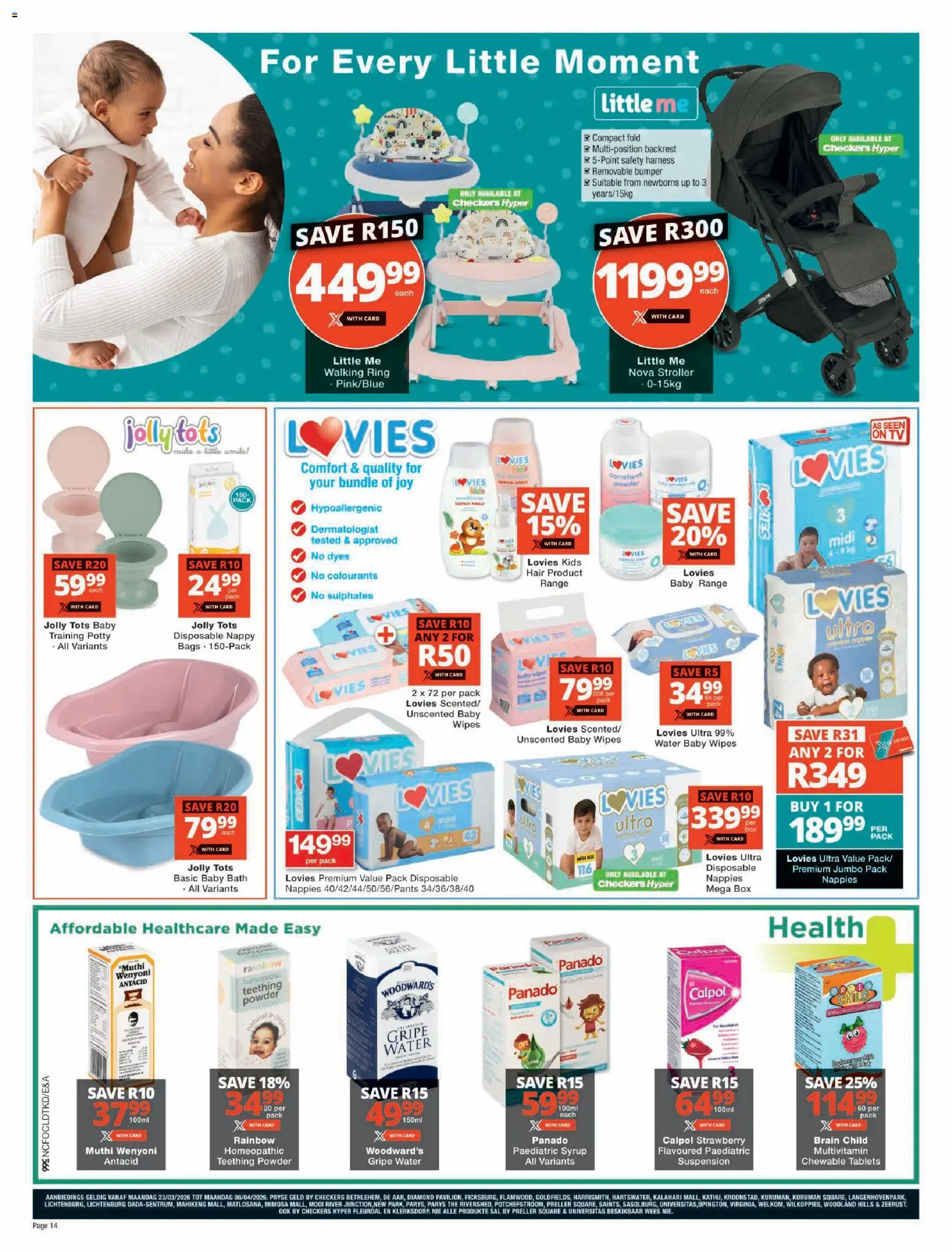 New Checkers catalogue – valid from 23.03.2026 | Page: 14 | Products: Box, Bath, Syrup, Nappies