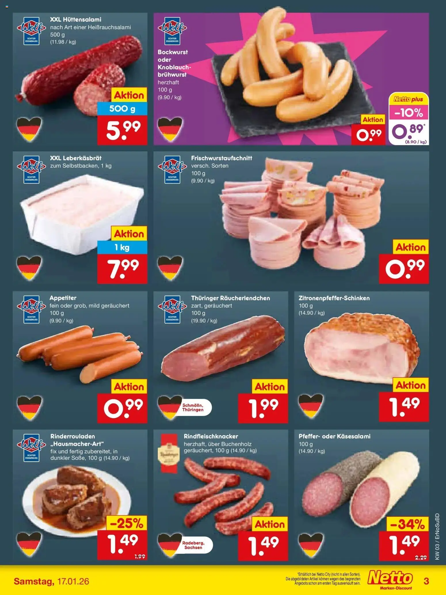 Netto Marken-Discount prospekt Nordhausen	 – gültig ab 12.01.2026 | Seite: 13 | Produkte: Rinderrouladen, Bockwurst, Pfeffer, Knoblauch