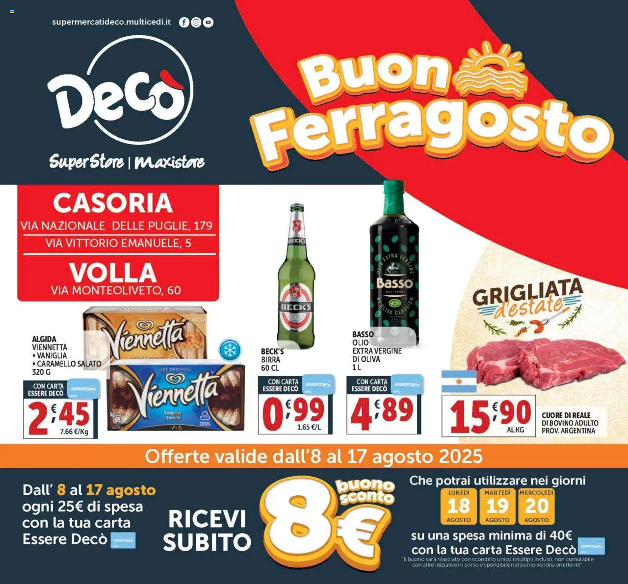 Volantino Decò del 08.08.2025 | Pagina: 1 | Prodotti: Bovino, Birra, Olio, The