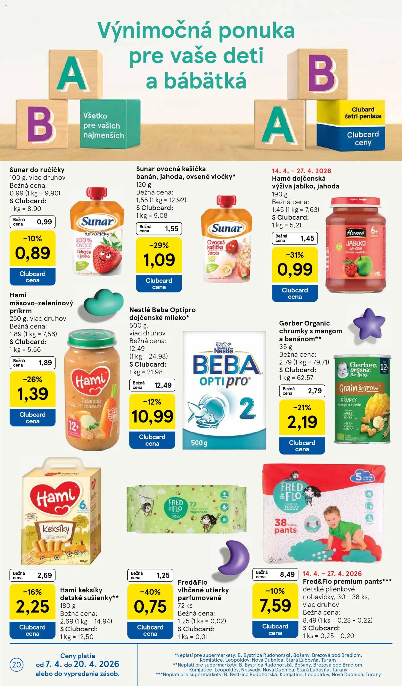 Nové Tesco akcie – leták je platný od 15.04.2026 | Strana: 20 | Produkty: Sunar, Beba