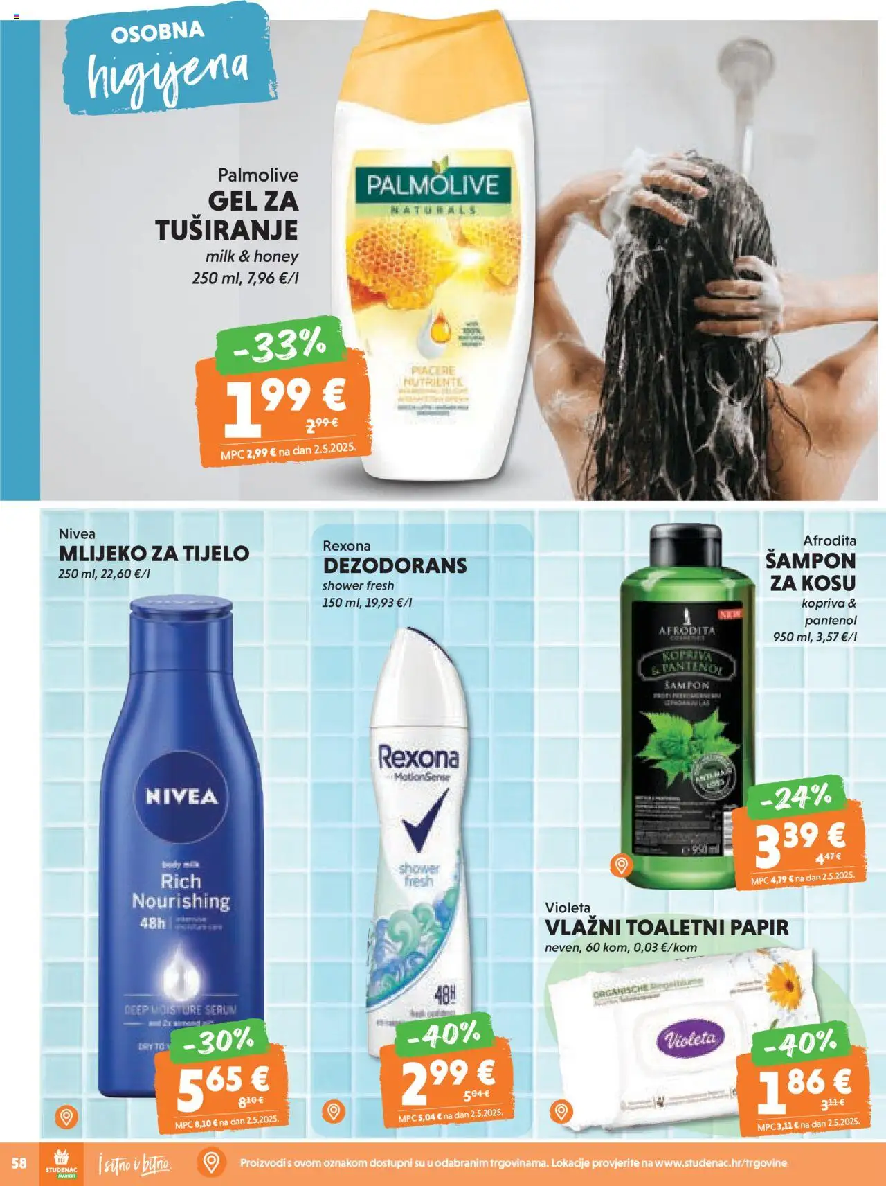 Studenac katalog | vrijedi od 13.08.2025 | Stranica: 58 | Proizvodi: Šampon, Toaletni papir, Nivea, Violeta