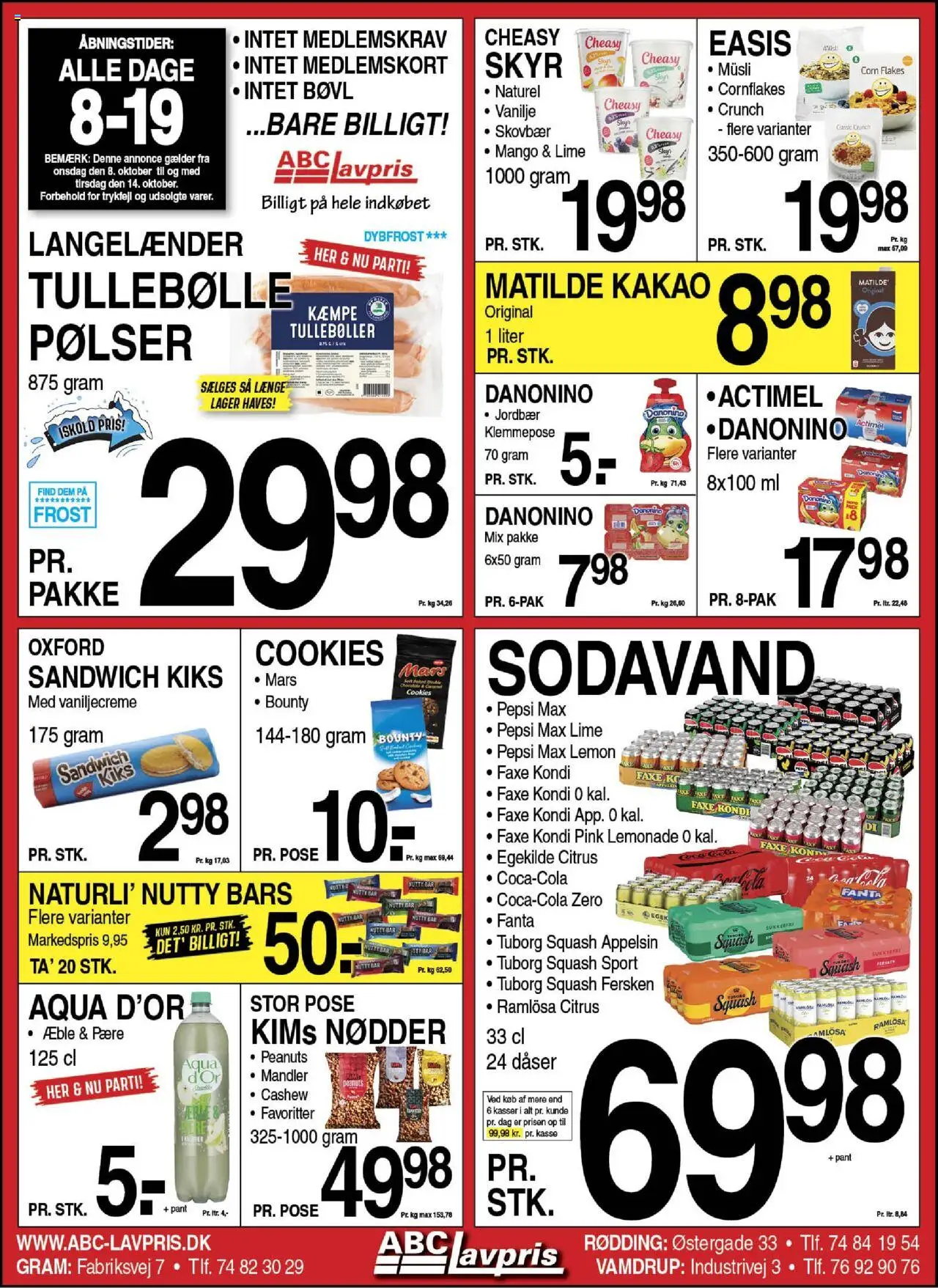 Abc Lavpris tilbudsavis – gyldig fra 08.10.2025 | Side: 1 | Produkter: Pølser, Coca Cola, Cookies, Cola