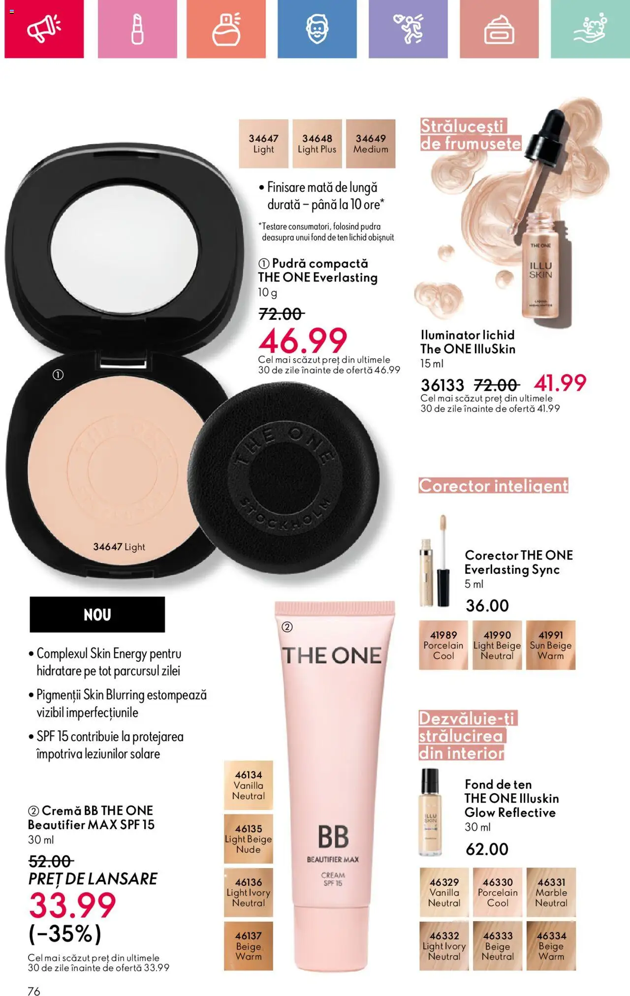 Oriflame catalog 11 2025 – valabil de la 27.07.2025 | Pagină: 76 | Produse: Fond de ten, Pudră, Iluminator, Cremă