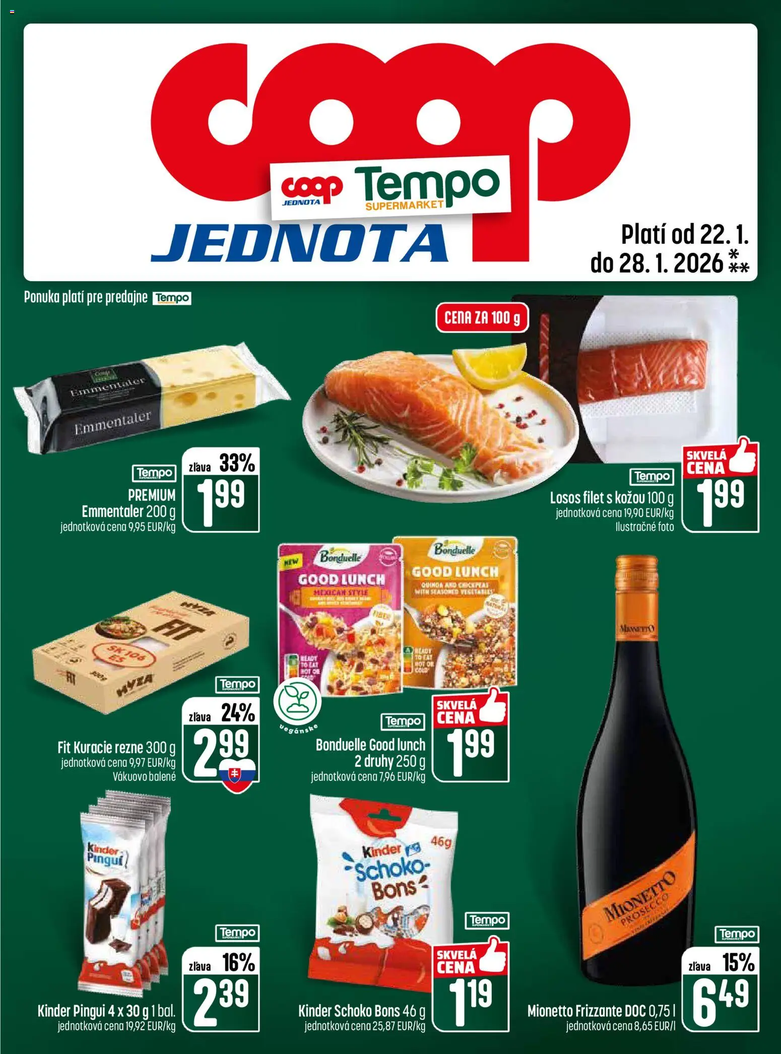 Nové COOP Jednota akcie – leták je platný od 22.01.2026 | Strana: 25 | Produkty: Prosecco, Kinder, Kuracie rezne, Losos