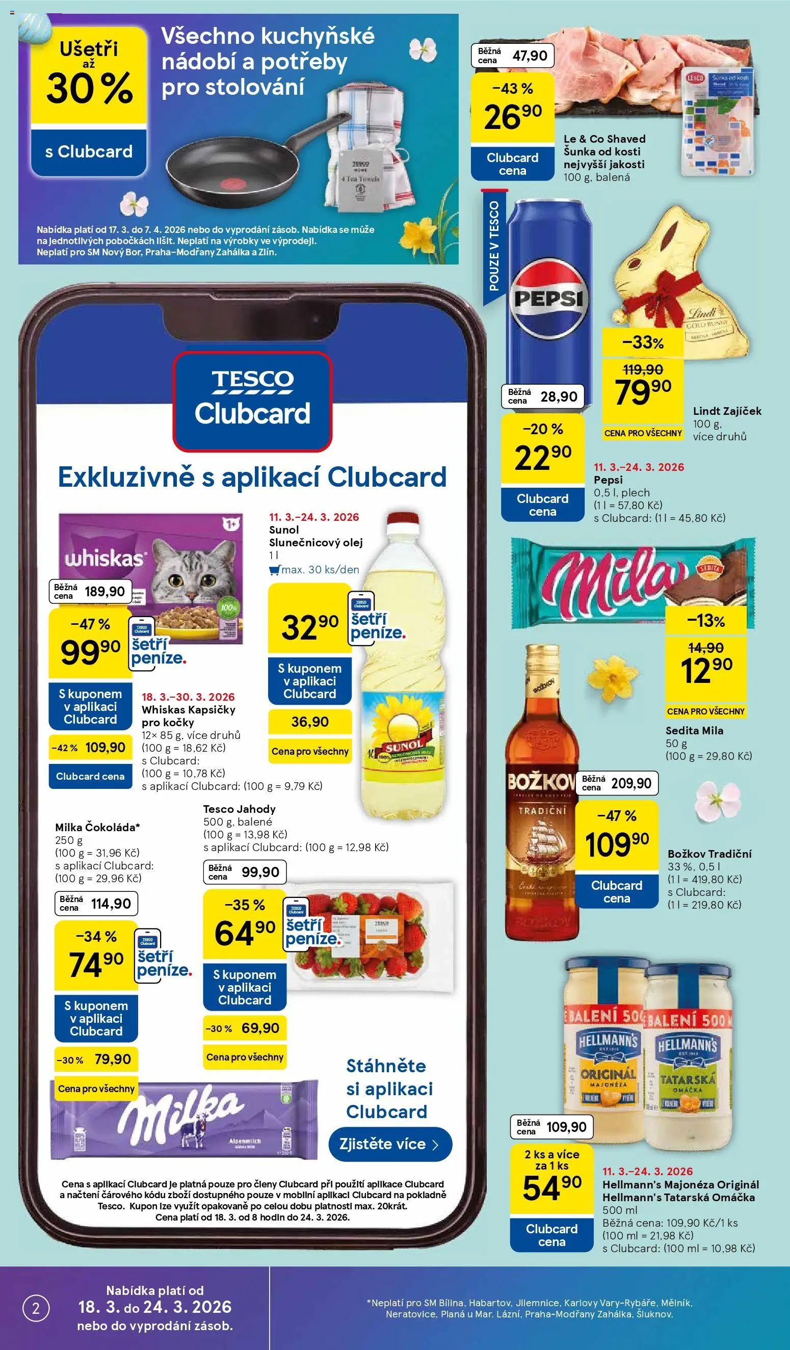 Tesco leták - Supermarket od 18.03.2026 | Strana: 2 | Produkty: Tatarská omáčka Hellmann's, Nádobí, Jahody, Mila