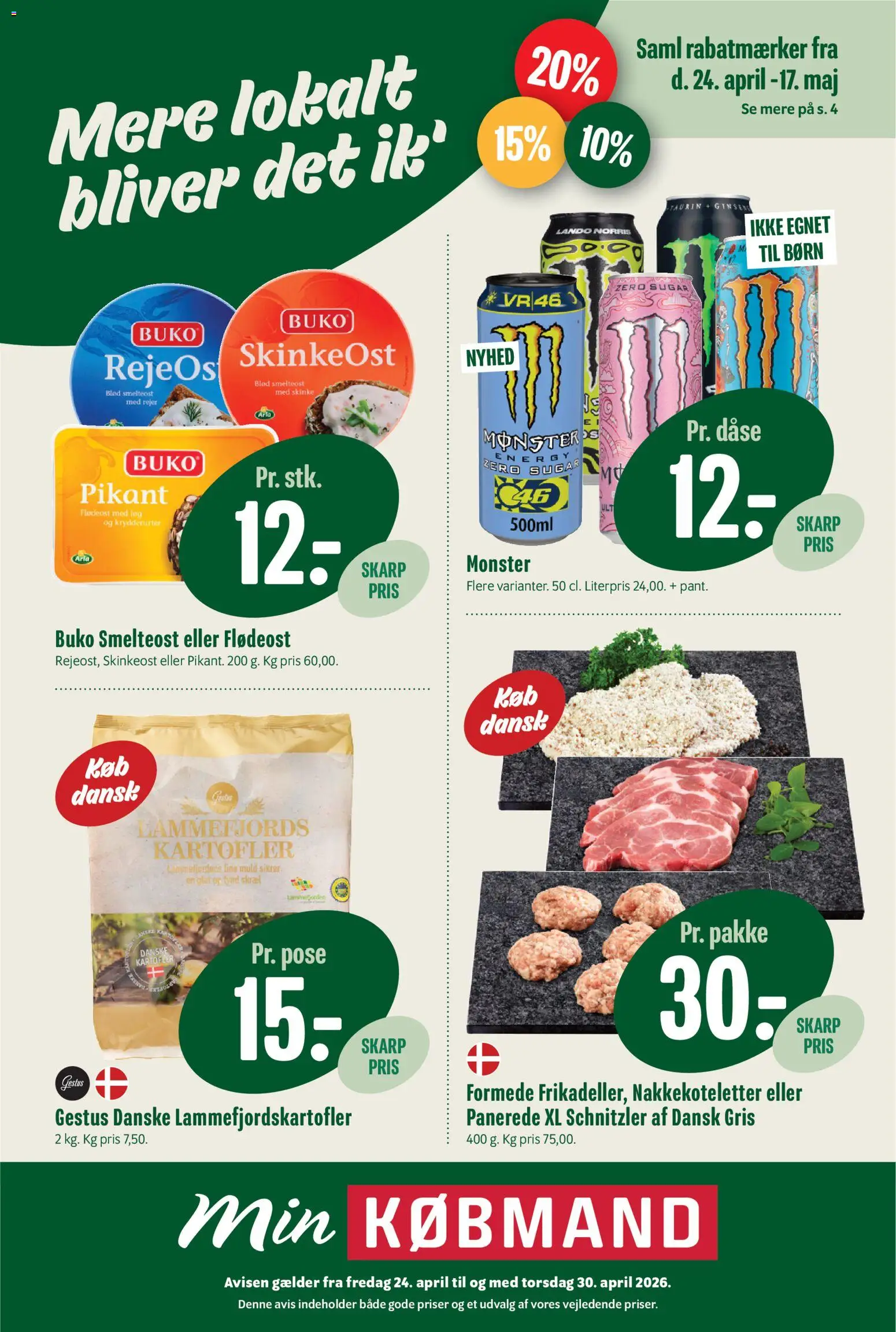 Min Købmand tilbudsavis – gyldig fra 24.04.2026 | Side: 1 | Produkter: Kartofler, Schnitzler, Flødeost, Rejer