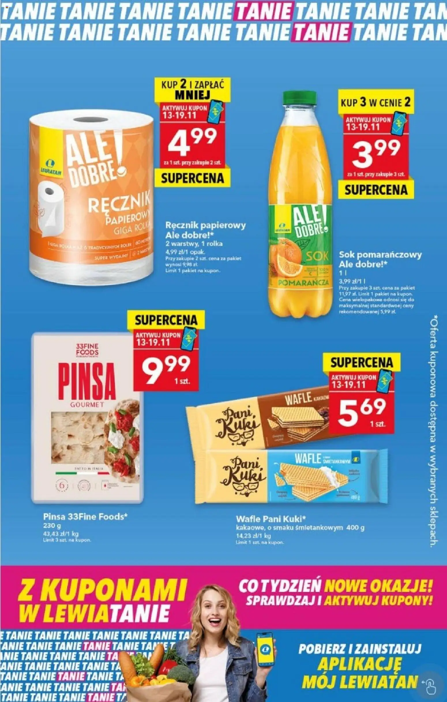 Lewiatan gazetka - Z Kuponami w Lewiatanie od 13.11.2025 | Strona: 1 | Produkty: Wafle, Sok, Pinsa, Ręcznik papierowy