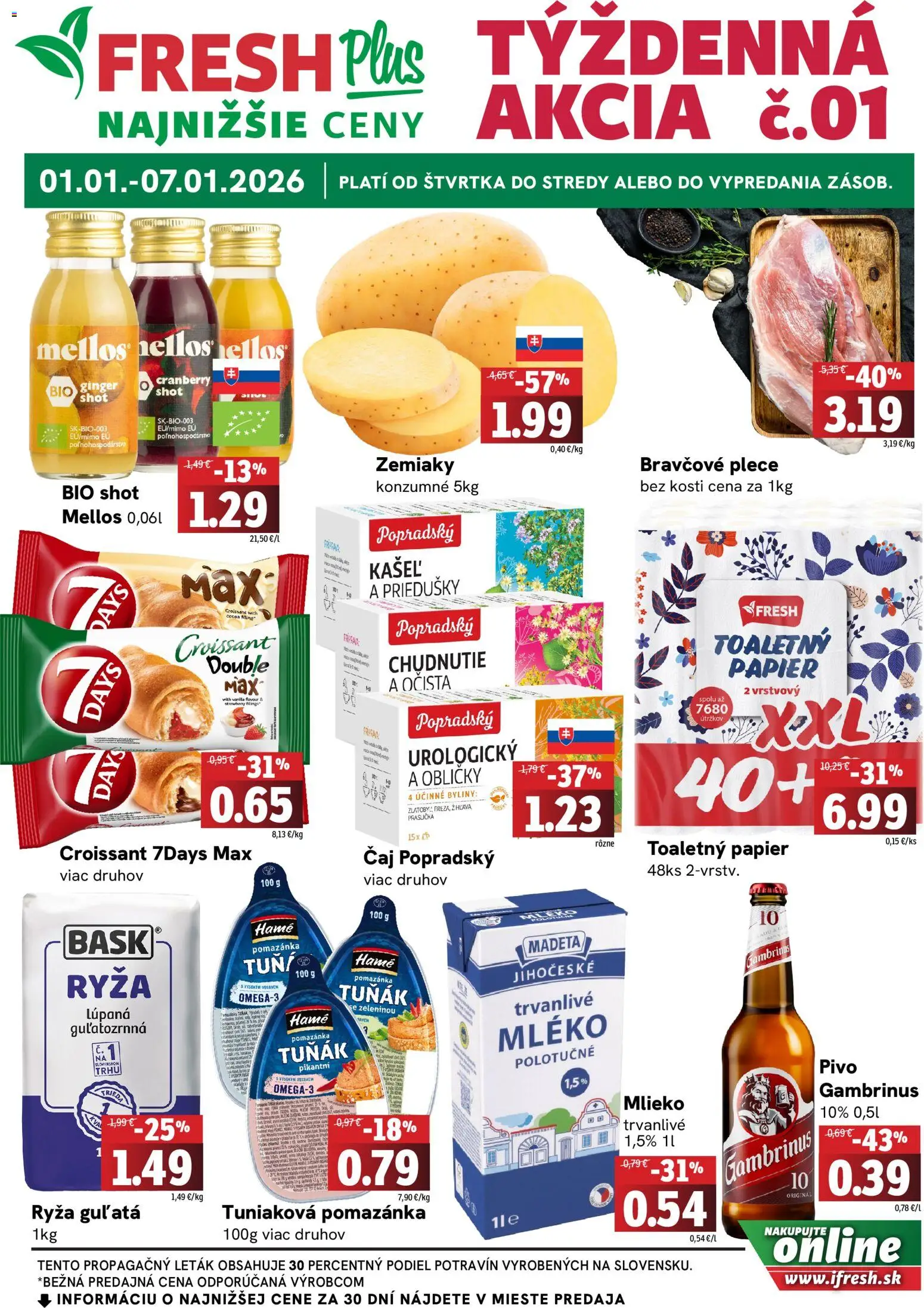 Nové Fresh akcie – leták je platný od 01.01.2026 | Strana: 1 | Produkty: Pivo, Ryža, Čaj, Gambrinus