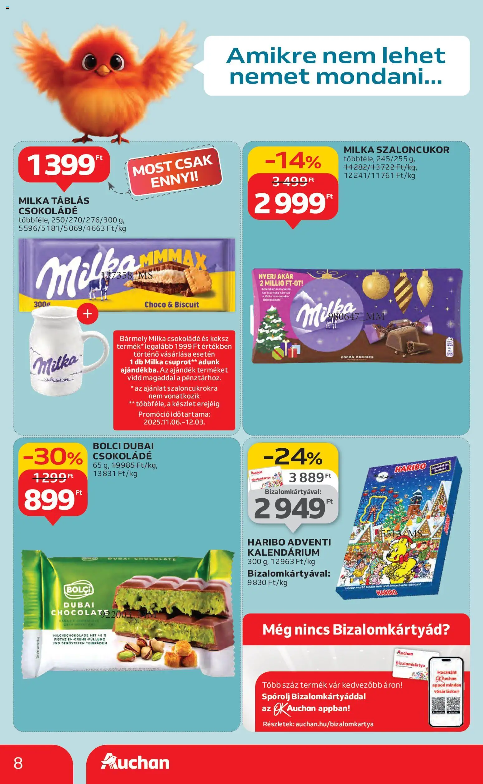 Auchan akciós ujság - amely érvényes a következő dátumtól: 06.11.2025 | Oldal: 8 | Termékek: Szaloncukor, Karácsonyfa, Csokoládé, Keksz