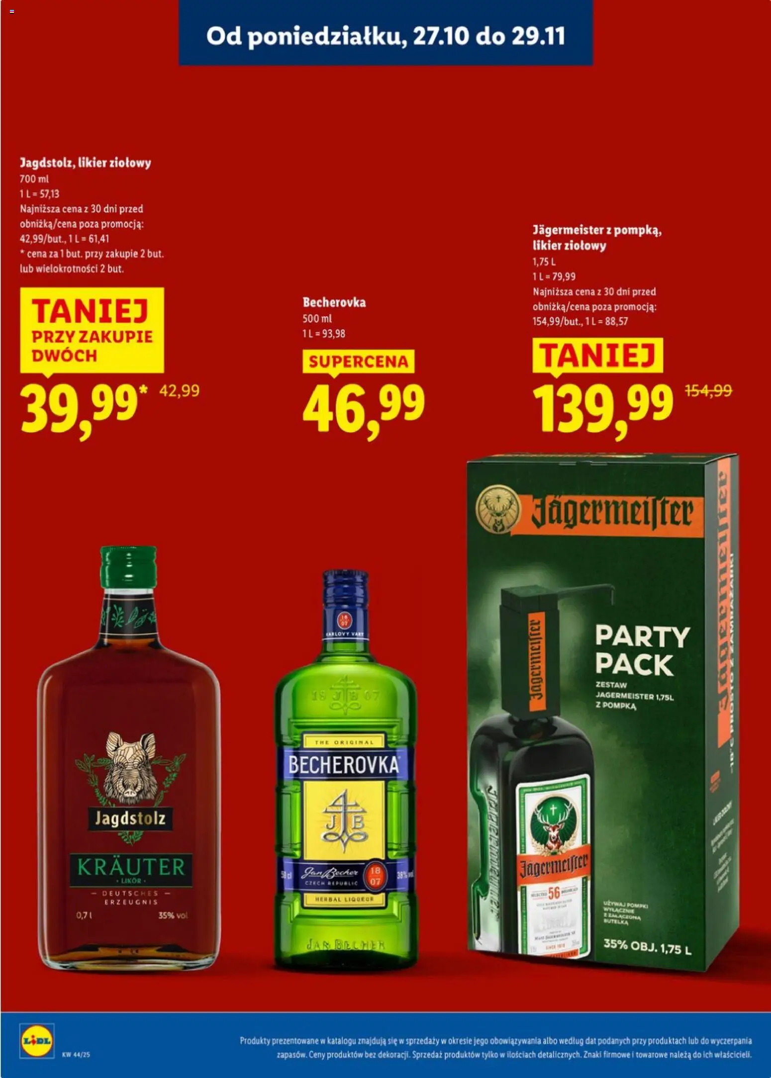 Lidl Katalog alkoholi mocnych od 27.10.2025 | Strona: 19 | Produkty: Likier ziołowy, Becherovka, Jagermeister