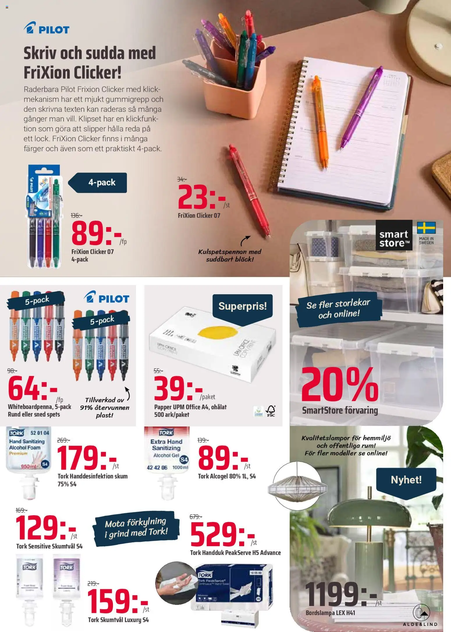 Office Depot reklamblad aktuell från 19.01.2026 | Sida: 2 | Produkter: Handduk, Handdesinfektion, Bordslampa, Papper