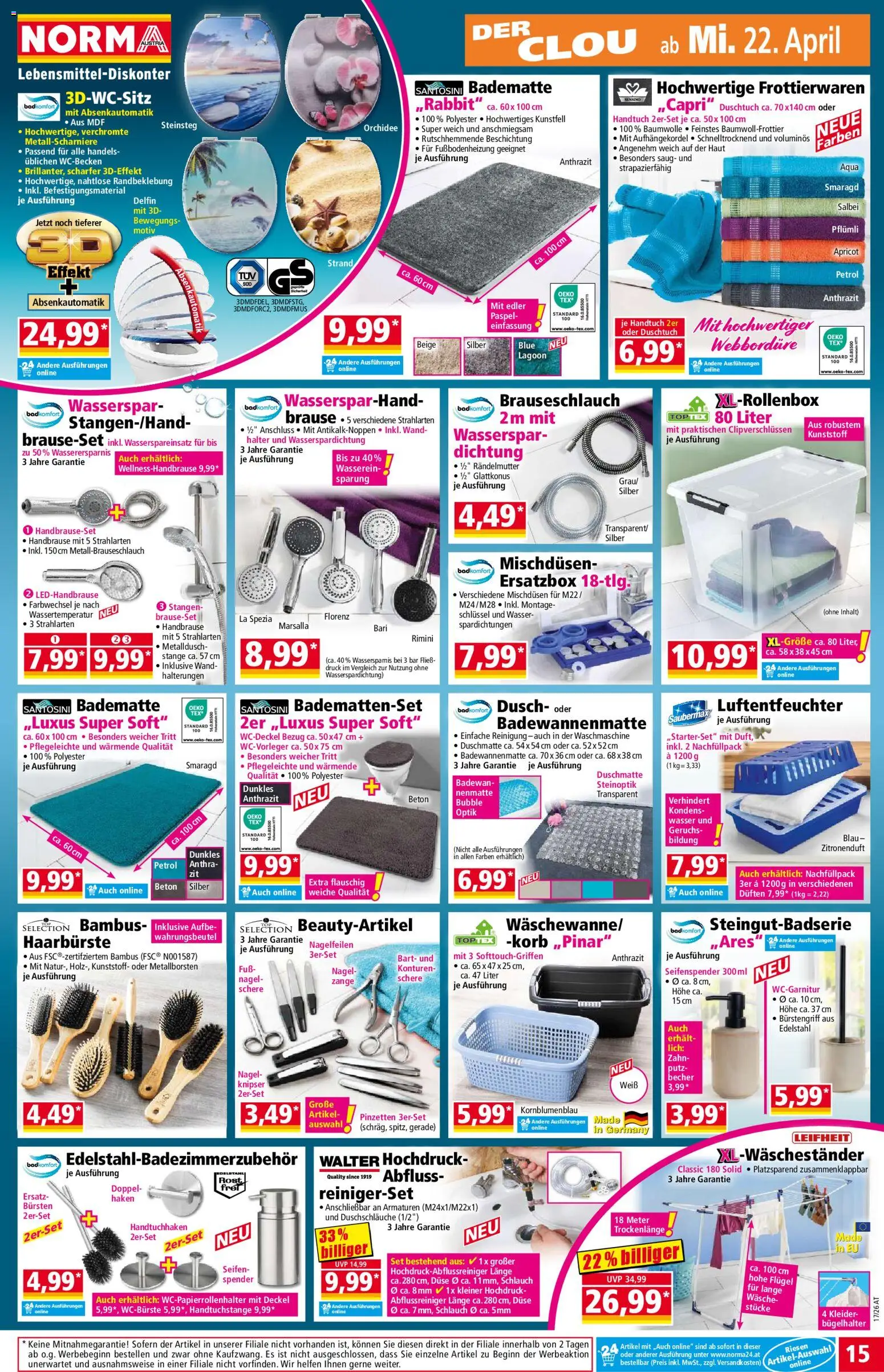 Norma Flugblatt gültig ab 20.04.2026 | Seite: 15 | Produkte: Wasser, Waschmaschine, Bad, Korb
