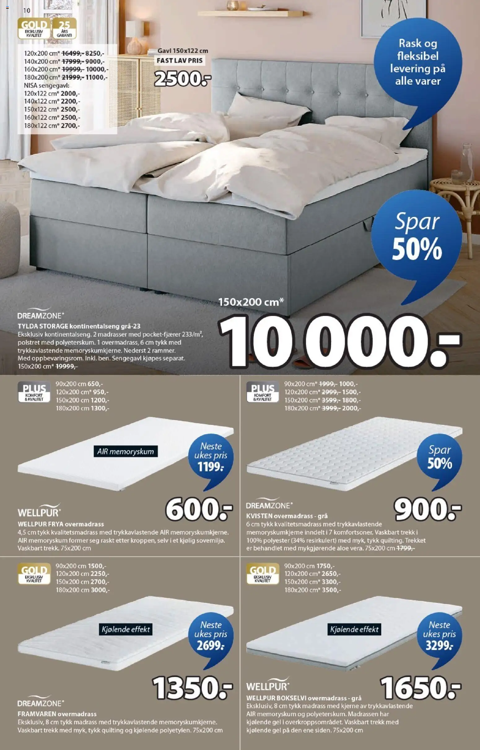 {H1} | Side: 10 | Produkter: Overmadrass, Kontinentalseng, Madrass, Sengegavl